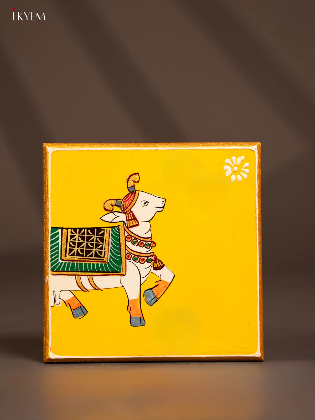 Traditional Yellow Wooden Manai with Hand-Painted Cow - (6x6) - KF30167