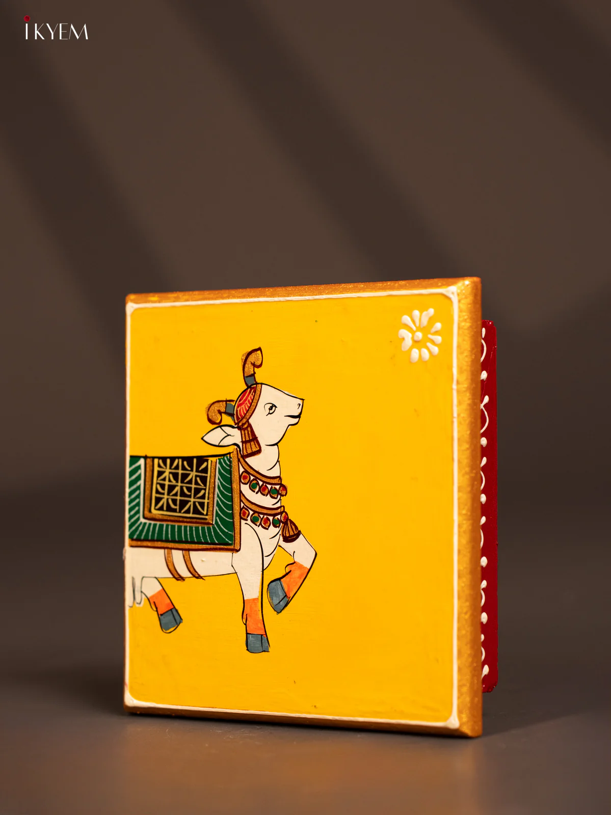 Traditional Yellow Wooden Manai with Hand-Painted Cow - (6x6) - KF30167 - Image 3