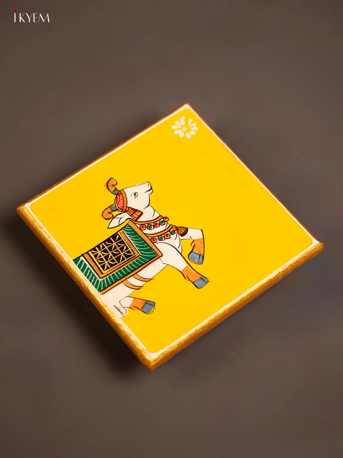 Traditional Yellow Wooden Manai with Hand-Painted Cow - (6x6) - KF30167 - Image 4