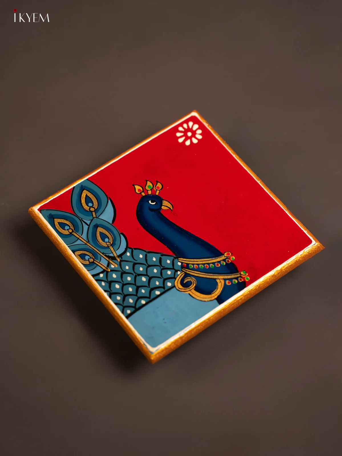 Traditional Maroon Wooden Manai with Hand-Painted Peacock - (6x6) - KF30171 - Image 4