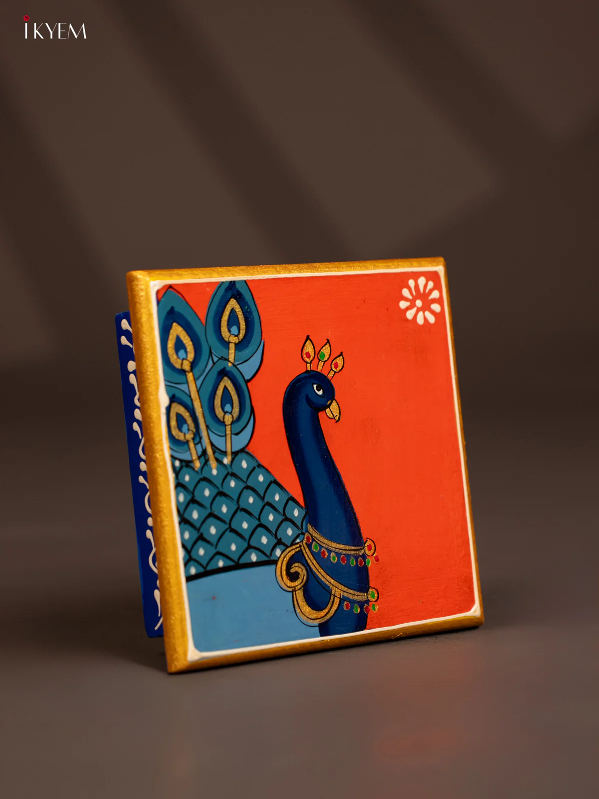 Traditional Orange Wooden Manai with Hand-Painted Peacock - (6x6) - KF30172 - Image 3