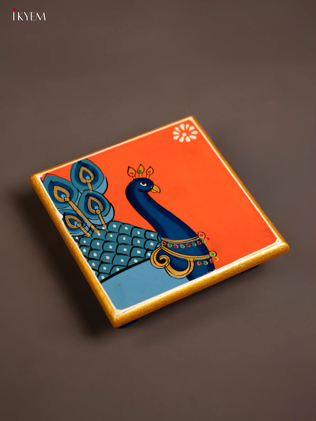 Traditional Orange Wooden Manai with Hand-Painted Peacock - (6x6) - KF30172 - Image 4
