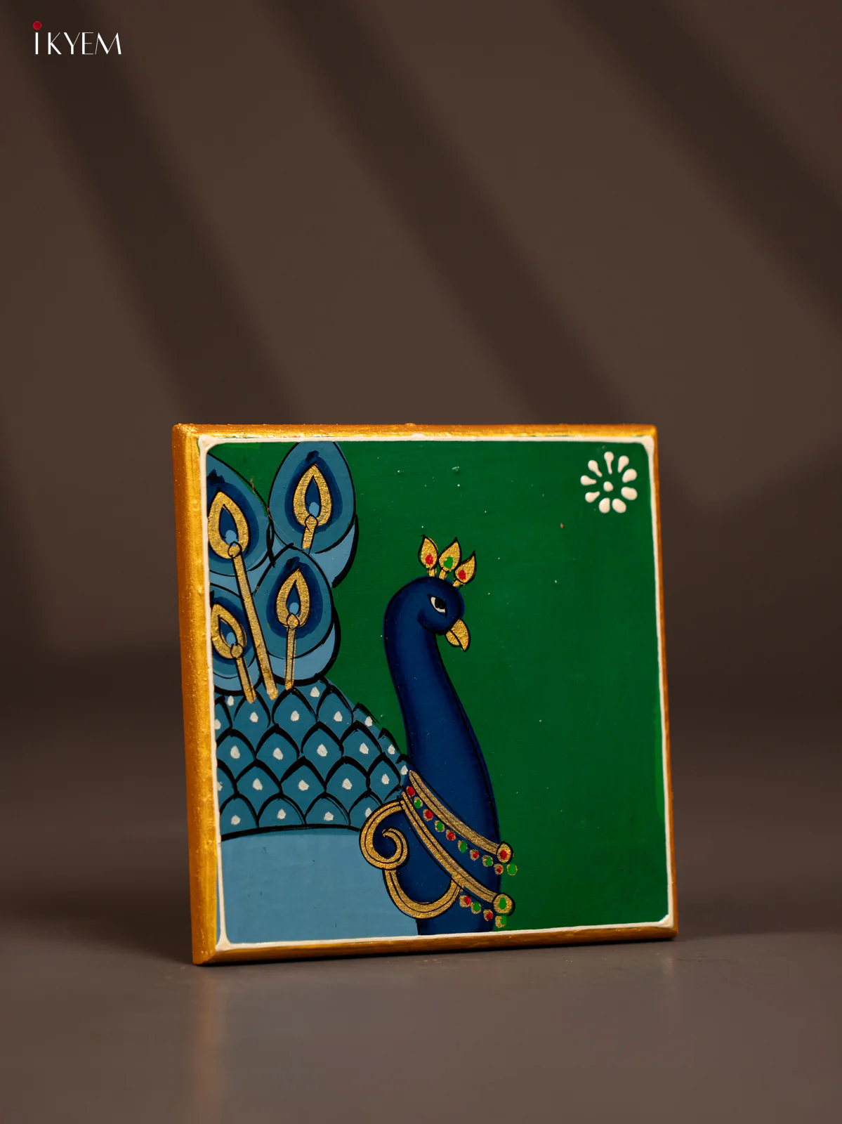 Peacock Hand-Painted Wooden Chowki - Green -(6×6) Inches - KF30180 - Image 2