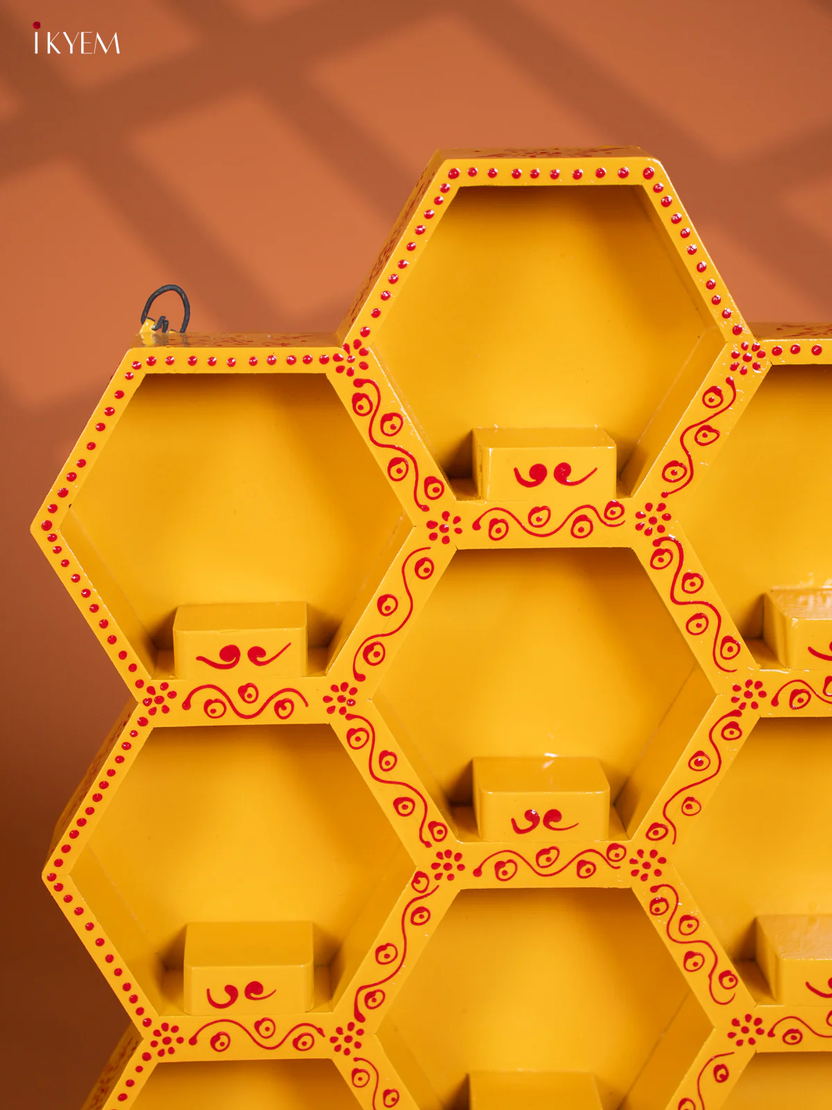 Hand-Painted Wooden 10 Octagon Box Wall Shelf - Yellow - (26×19) Inches - KG01114 - Image 3