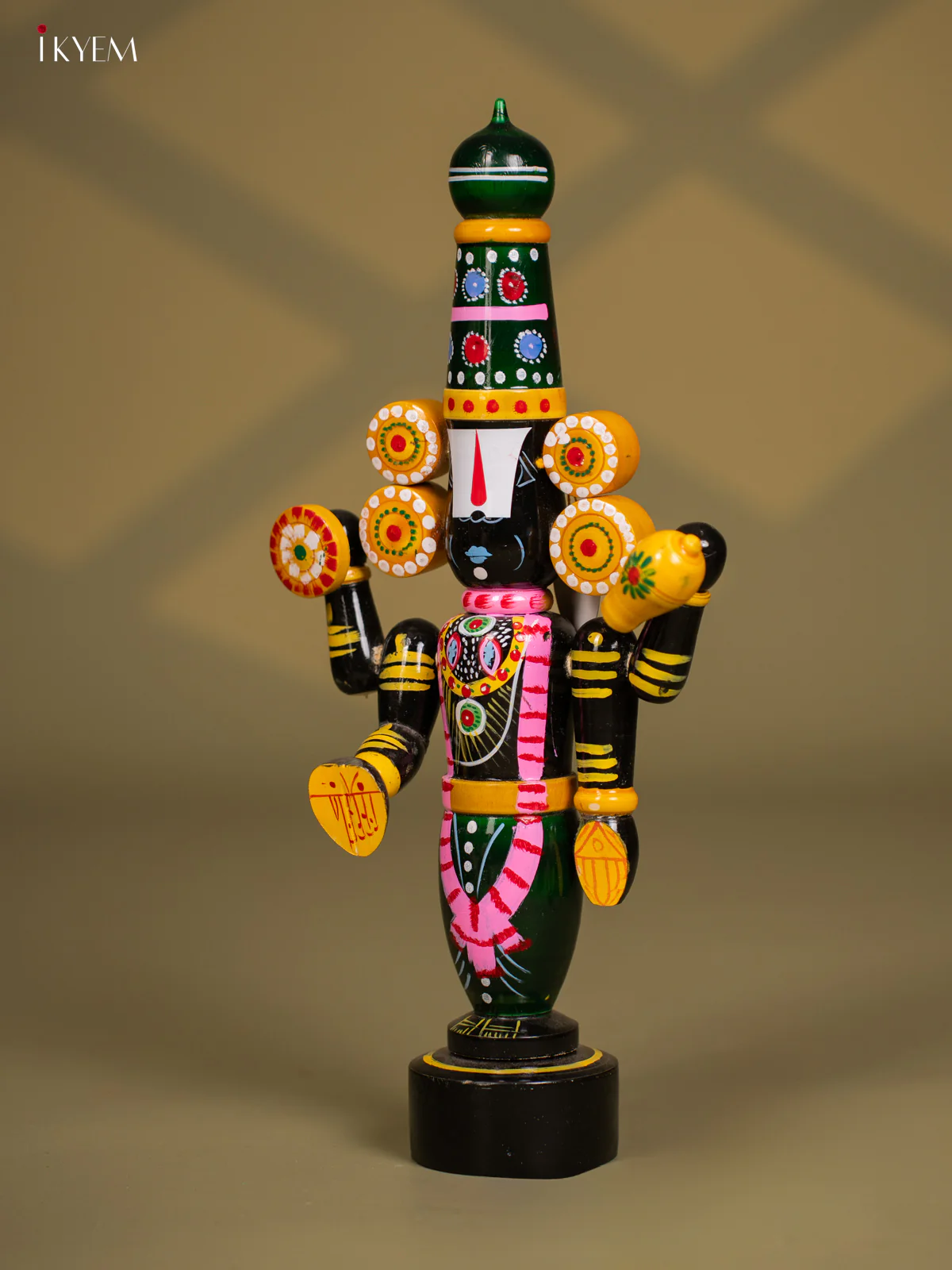 Wooden Kondapalli Hand Painted Lord Venkateswara idol - Green & Black - Image 3