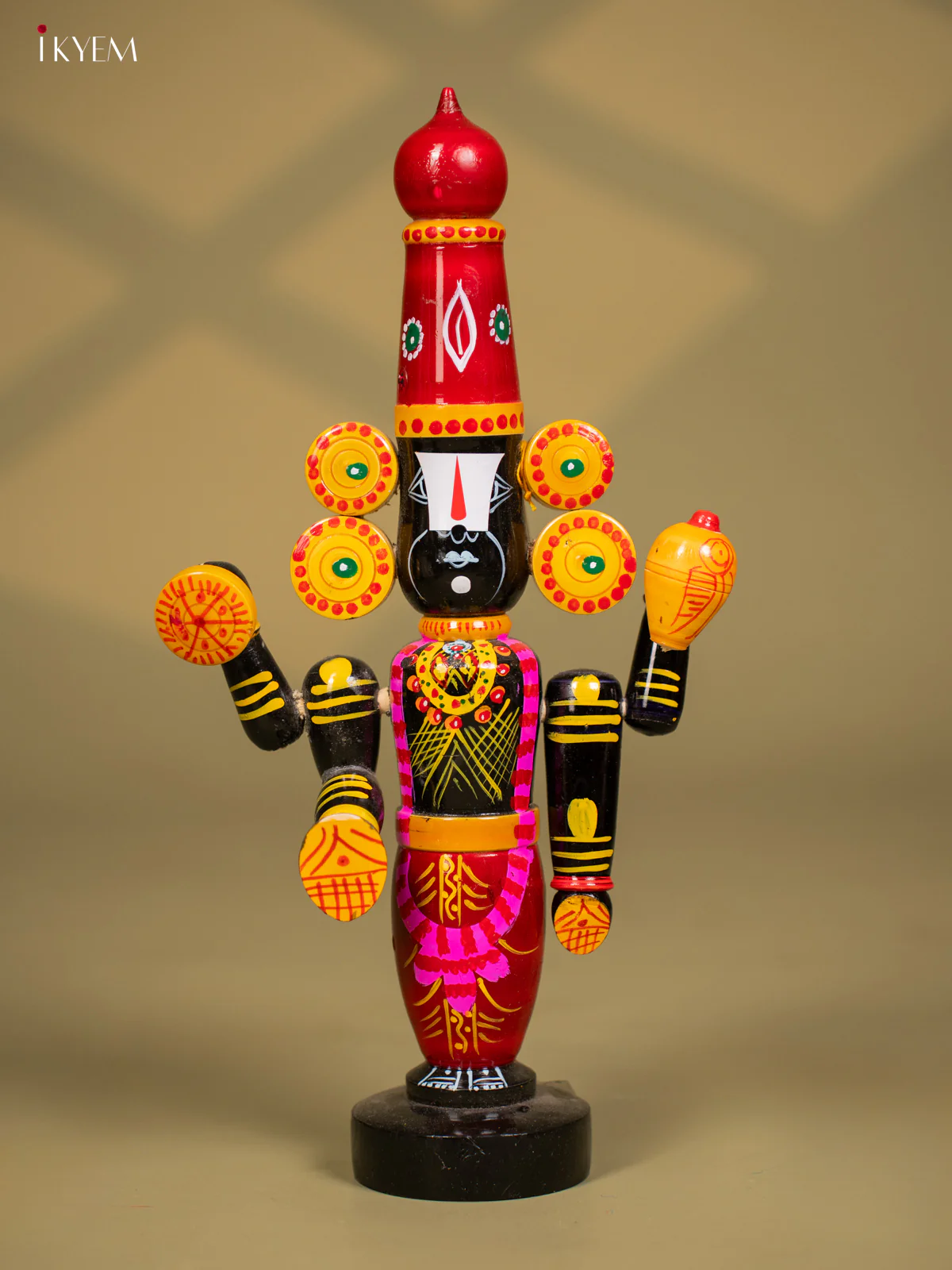 Wooden Kondapalli Hand Painted Lord Venkateswara idol - Red & Balck