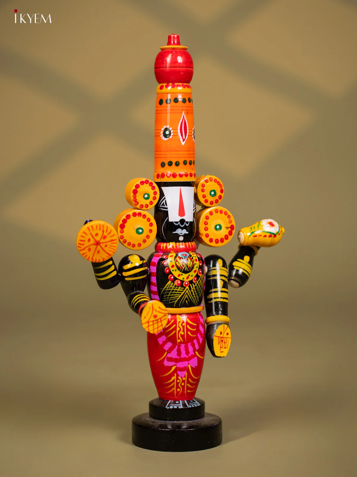 Wooden Kondapalli Hand Painted Lord Venkateswara idol - Orange & Balck - Image 3
