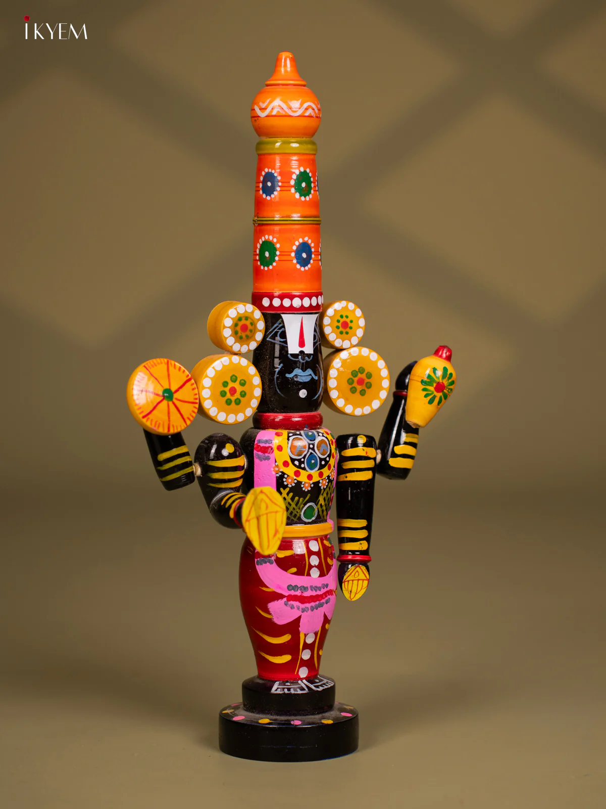 Wooden Kondapalli Hand Painted Lord Venkateswara idol - Orange & Balck - Image 2