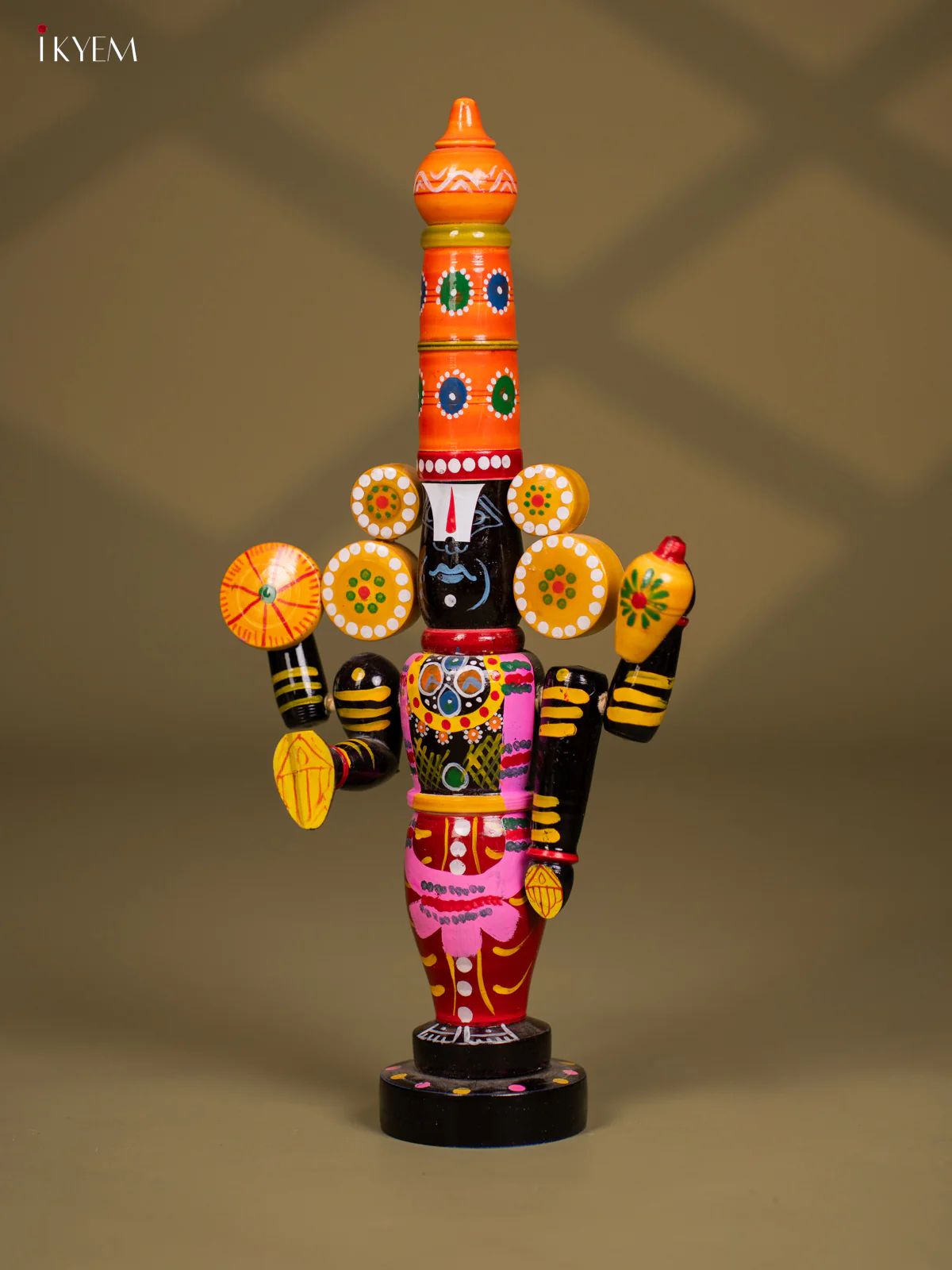 Wooden Kondapalli Hand Painted Lord Venkateswara idol - Orange & Balck - Image 3