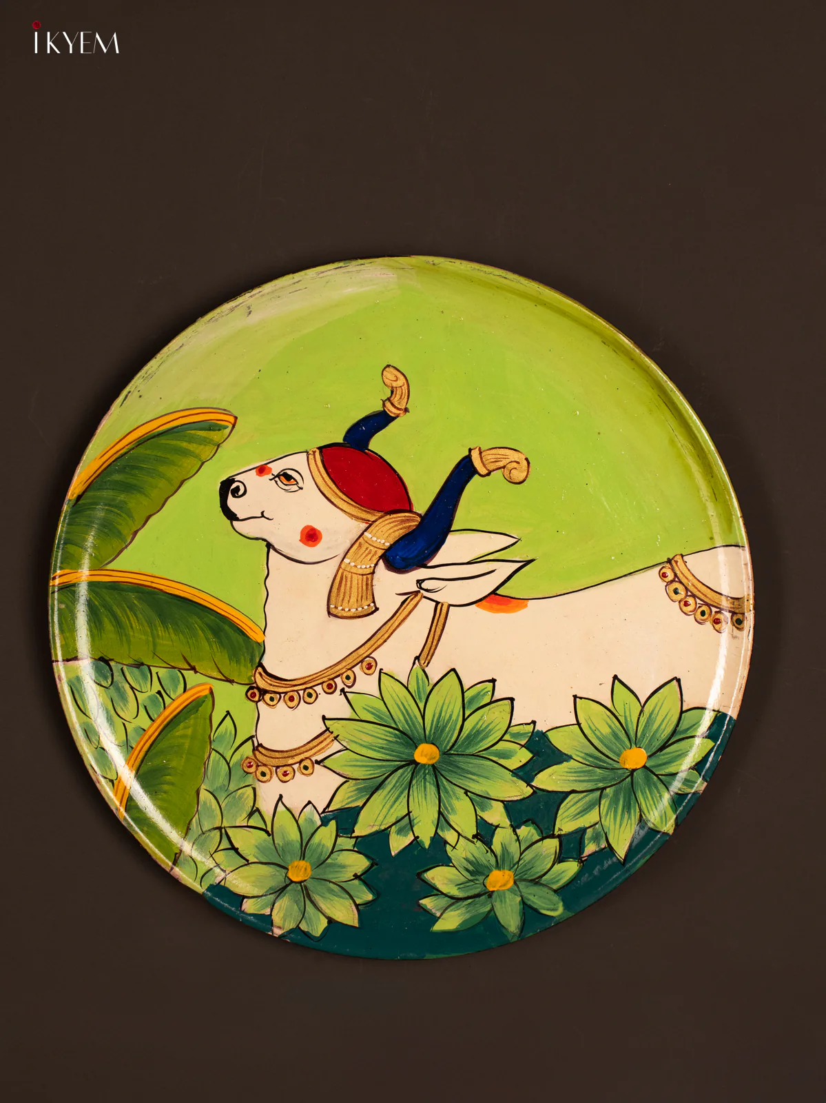 Wooden Hand painted Wall hanging plate - pichwai Cow green - KG04206