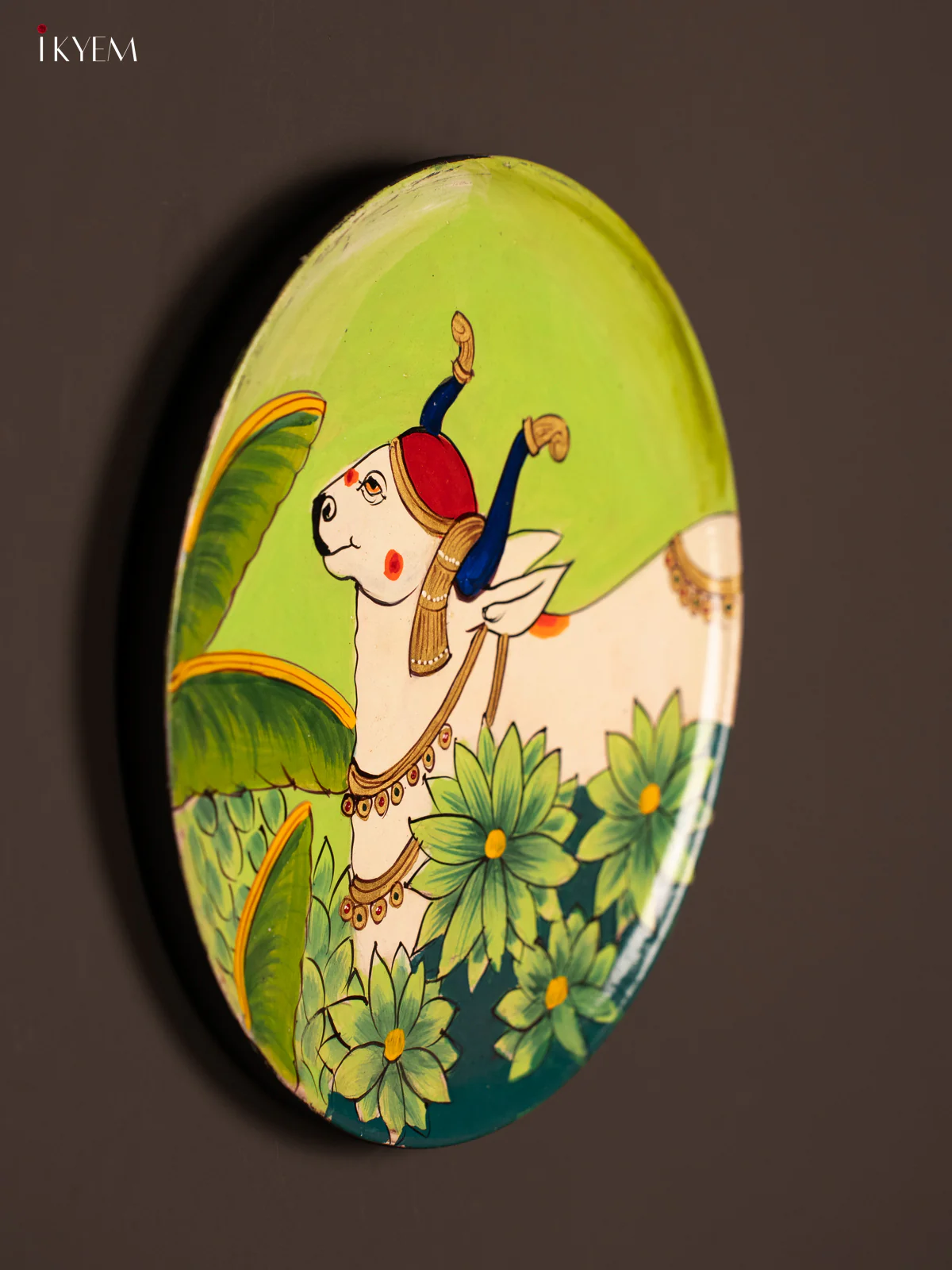 Wooden Hand painted Wall hanging plate - pichwai Cow green - KG04206 - Image 2