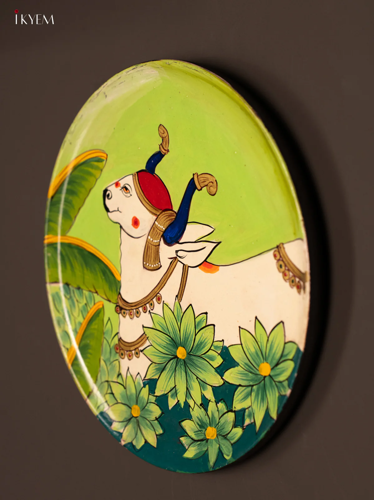 Wooden Hand painted Wall hanging plate - pichwai Cow green - KG04206 - Image 4