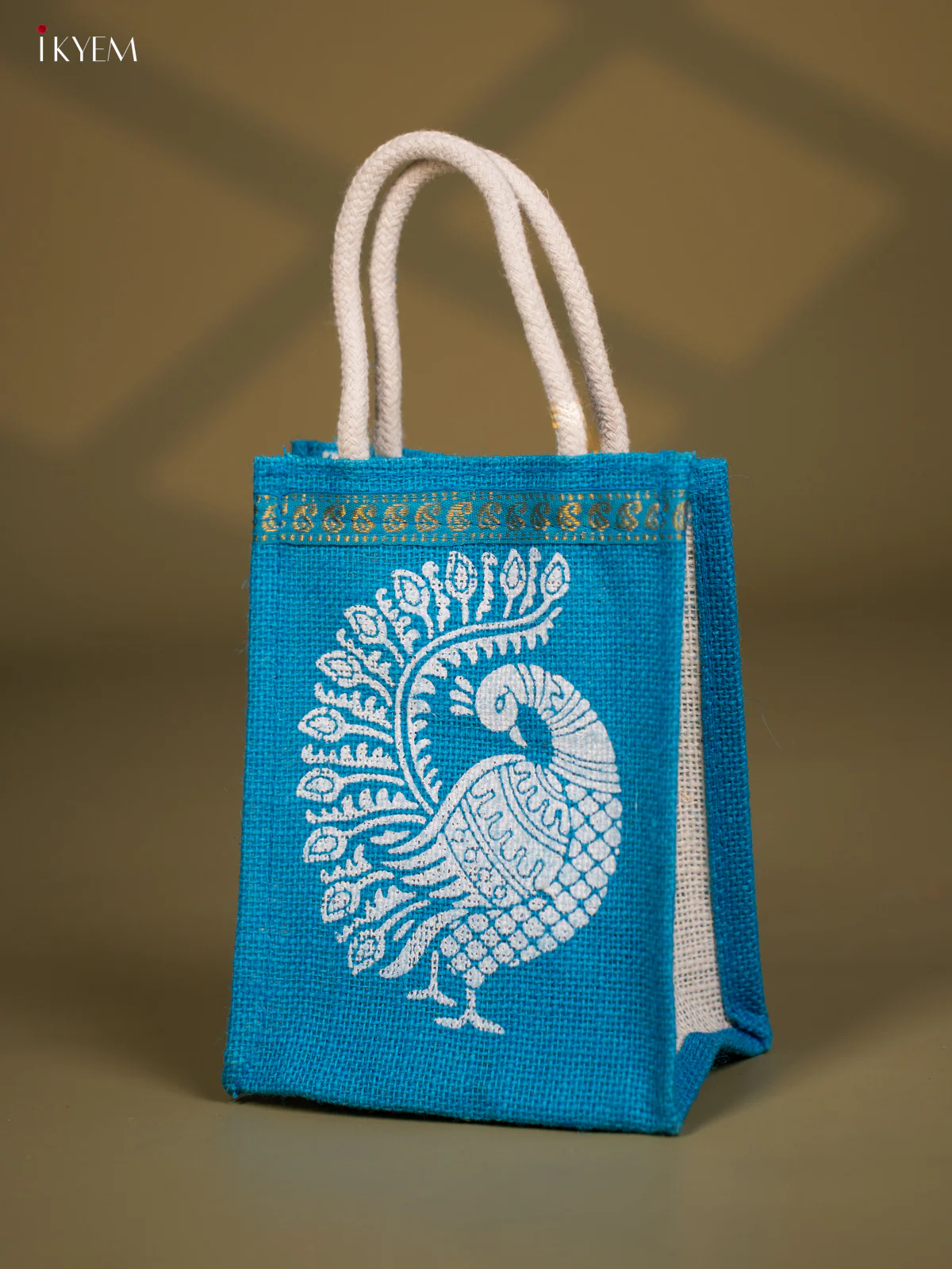 Exquisite Blue Jute Bags With Peacock Print - 8 Inch - KG08114 - Image 3