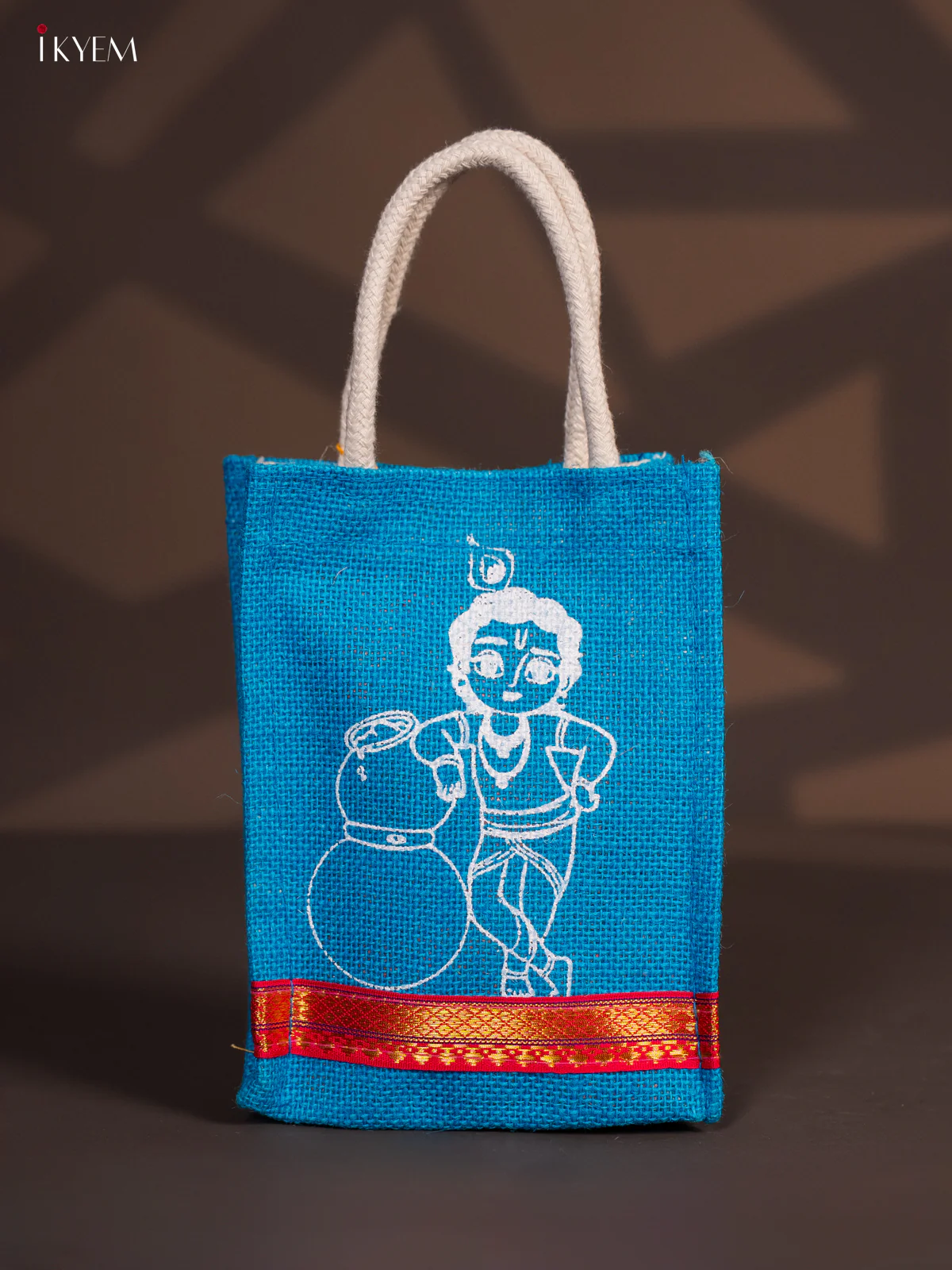 Cute Krishna Printed Blue Jute Bag - 8 Inch - KG08121