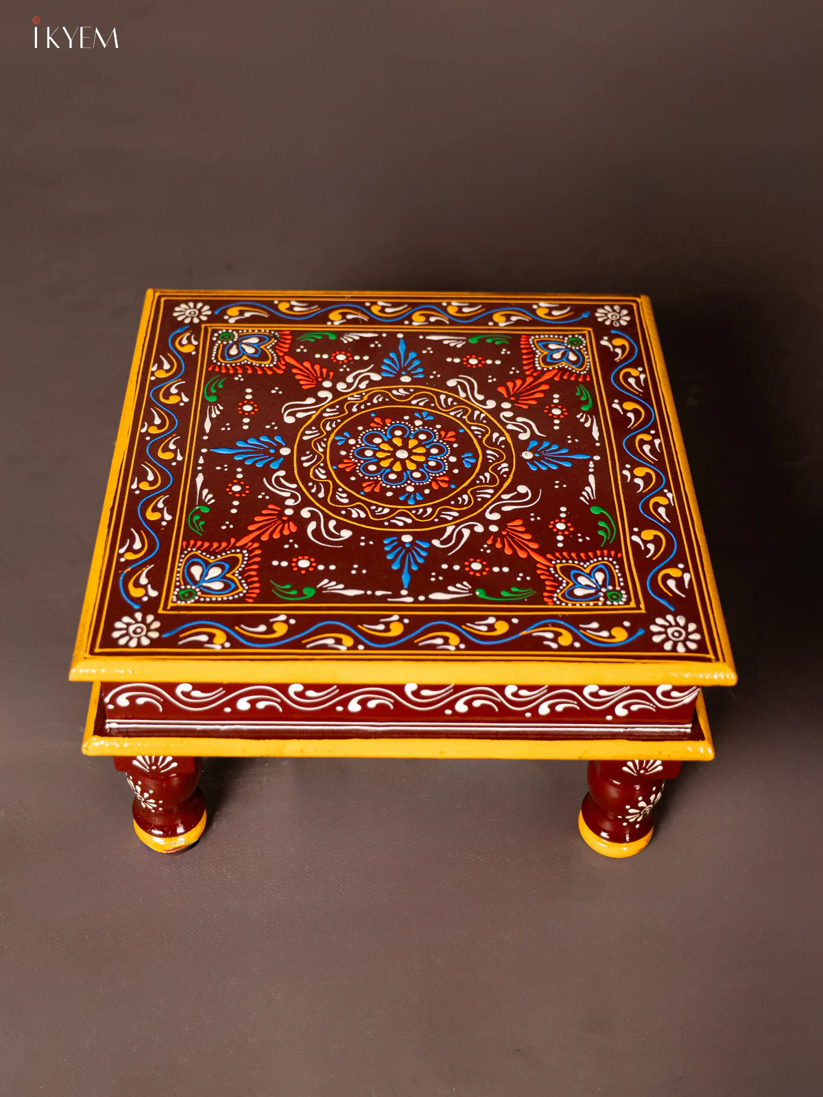 Wooden Hand Painted Manai/Bajot  - Brown 12 Inches - KG16113