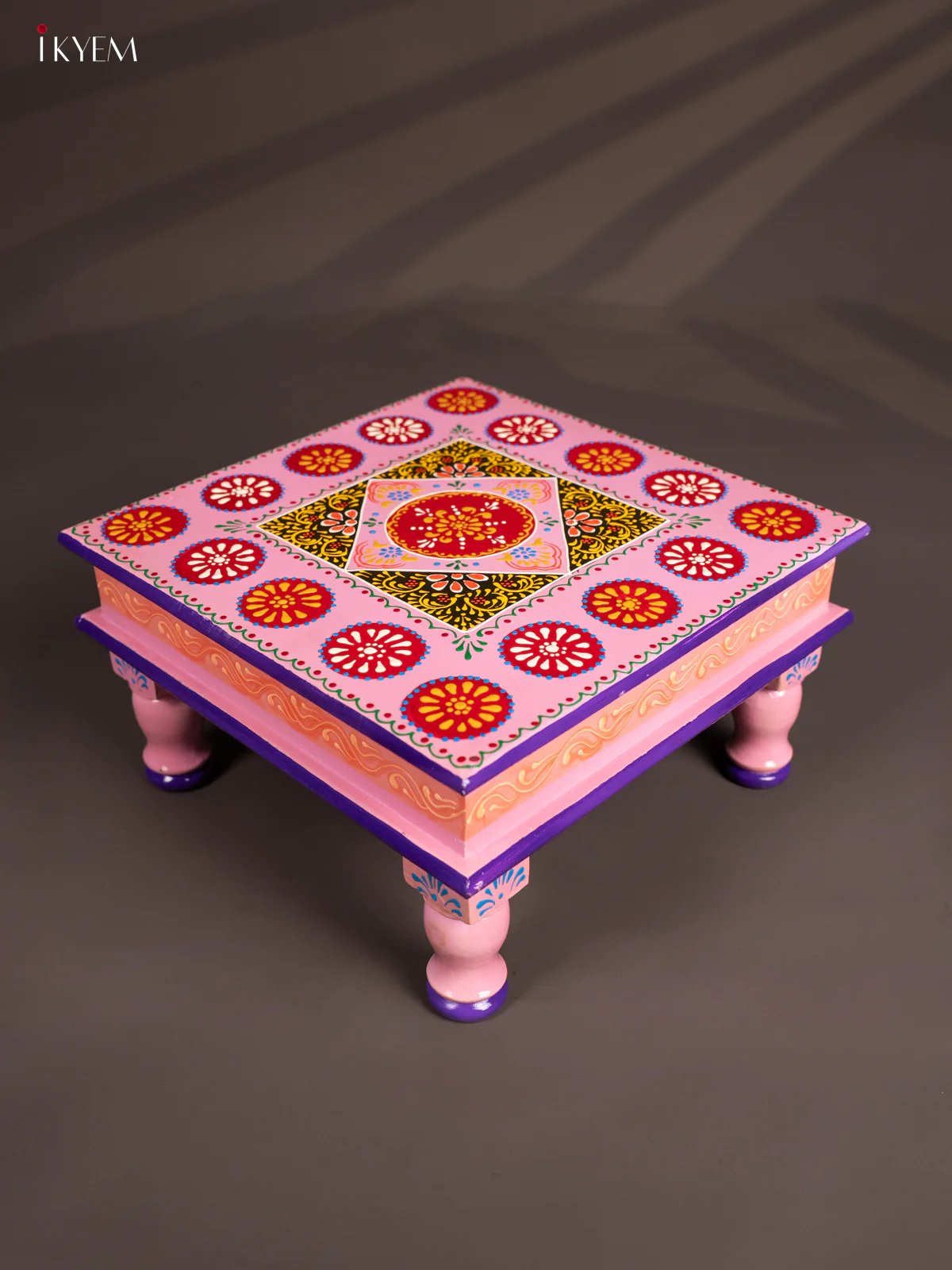 Wooden Hand Painted Manai/Bajot Stand - Baby Pink 12 inch - KG16122