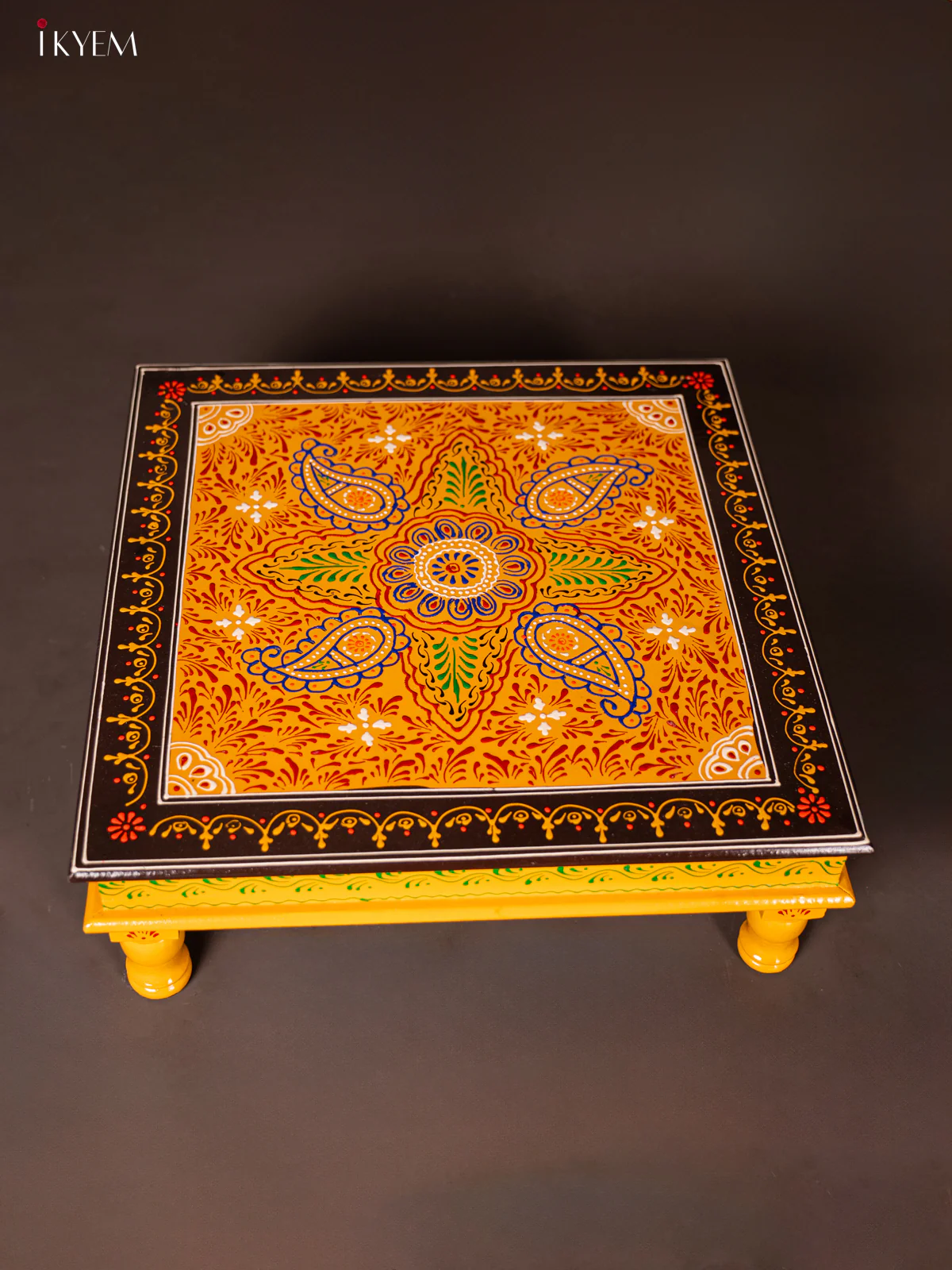 Wooden Hand Painted Manai/Bajot Stand - Yellow 18 Inches - KG16123