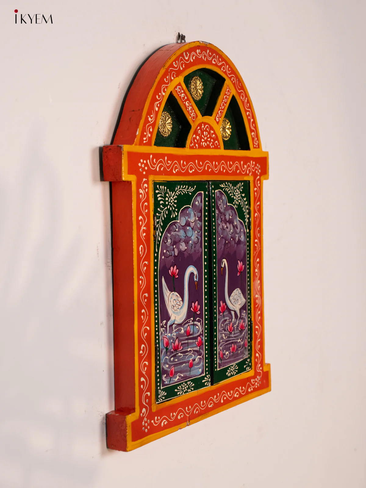 Wooden Hand Painted Jharokha with Brass Work - Yellow - KG22137 - Image 2