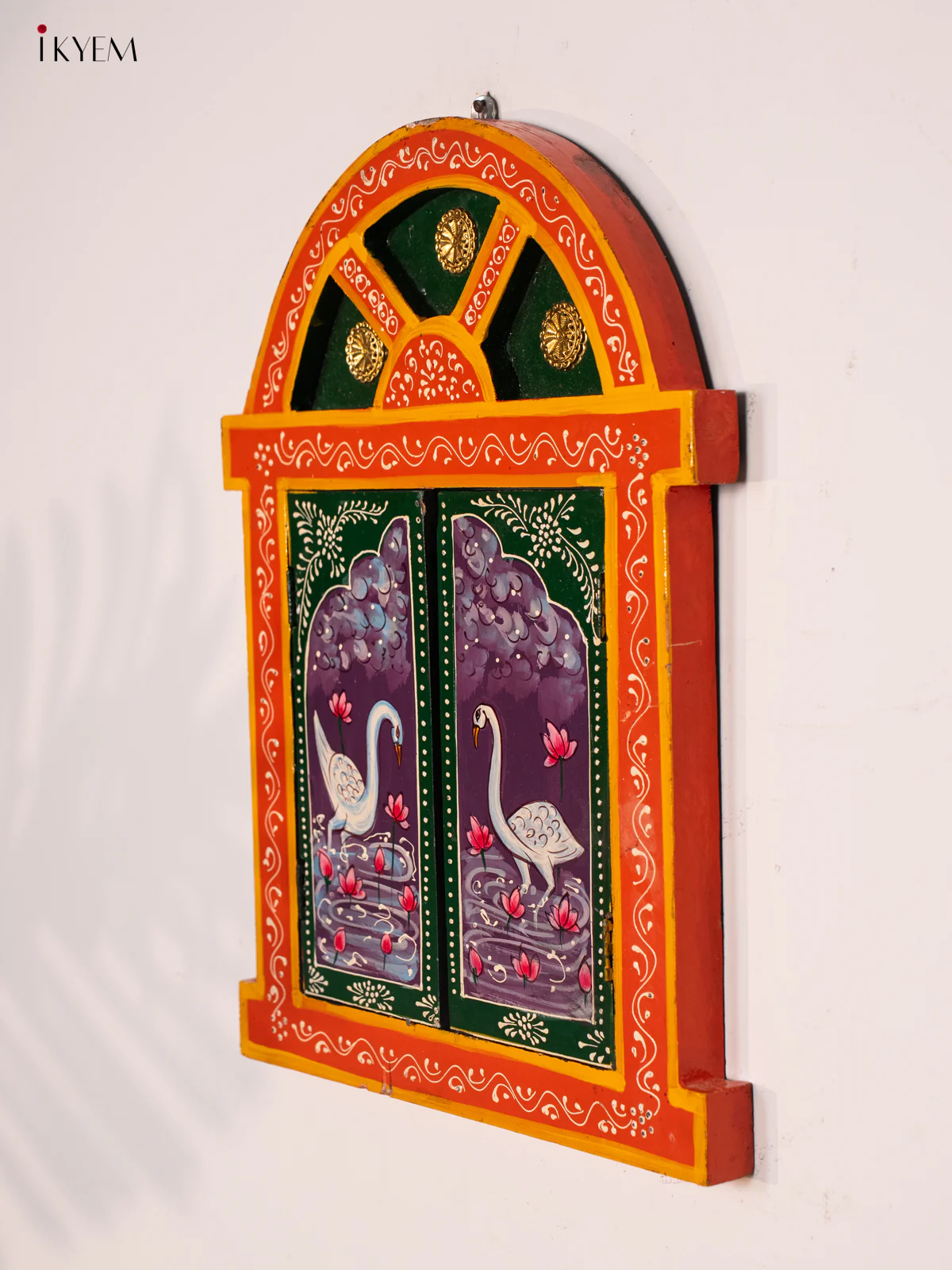 Wooden Hand Painted Jharokha with Brass Work - Yellow - KG22137 - Image 5