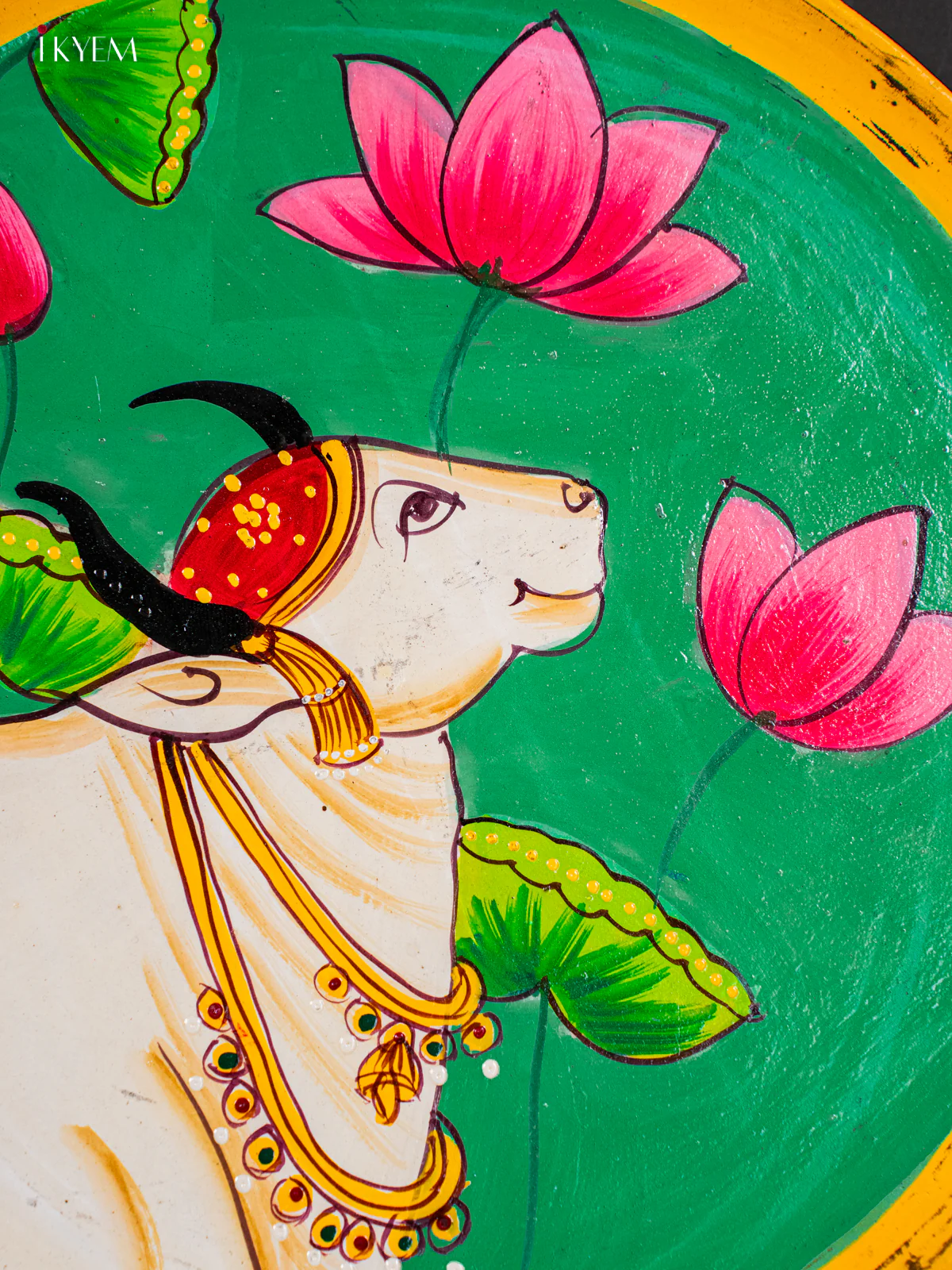 Wooden Handpainted Pichwai Cow wall plate - Teal - Image 3