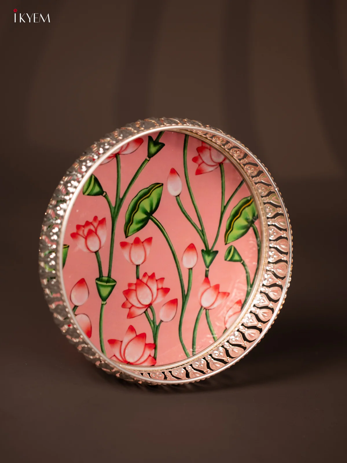 Digital Printed German Silver Tray - Pink with lotus - 8 inch - KG23139 - Image 2
