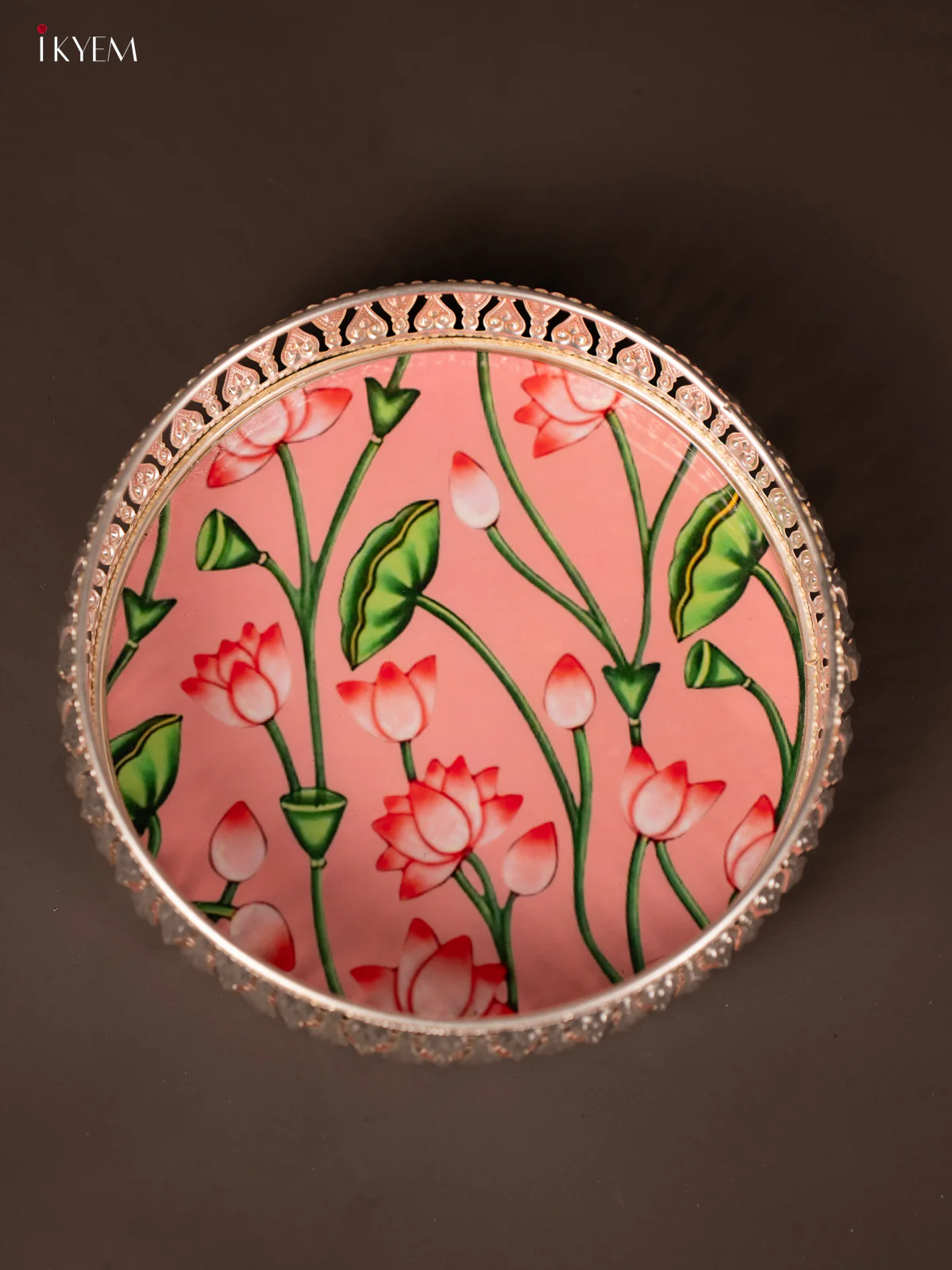 Digital Printed German Silver Tray - Pink with lotus - 8 inch - KG23139 - Image 3