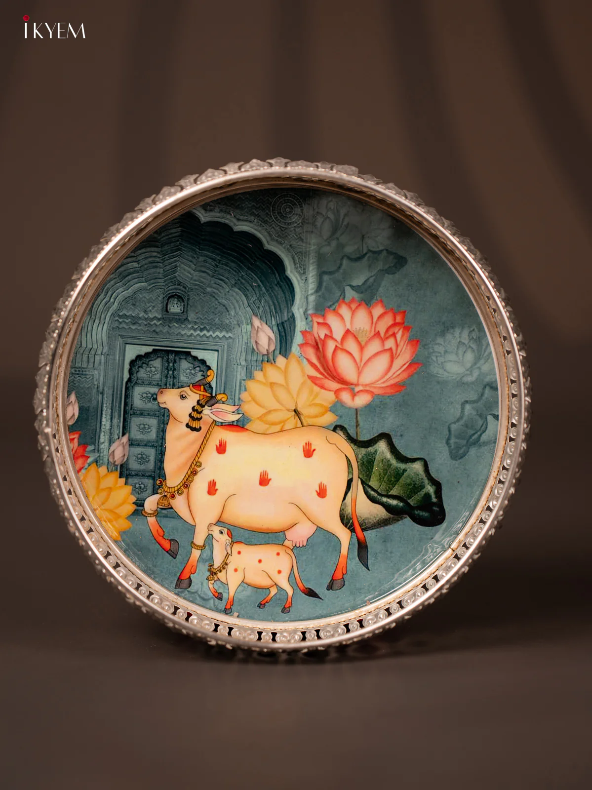 Digital Printed German Silver Tray - Cow & calf teal -  8 inch - KG23145