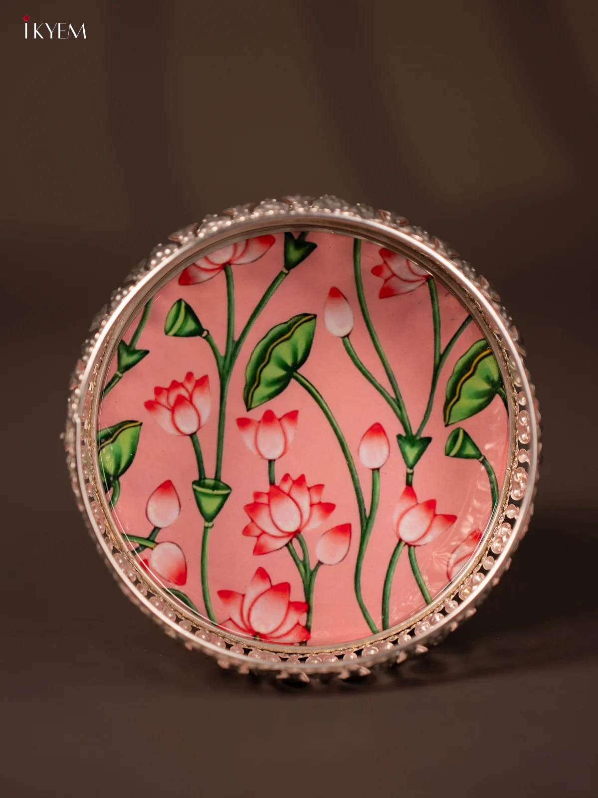 Digital Printed German Silver Tray - Pink with lotus - 6 inch - KG23149