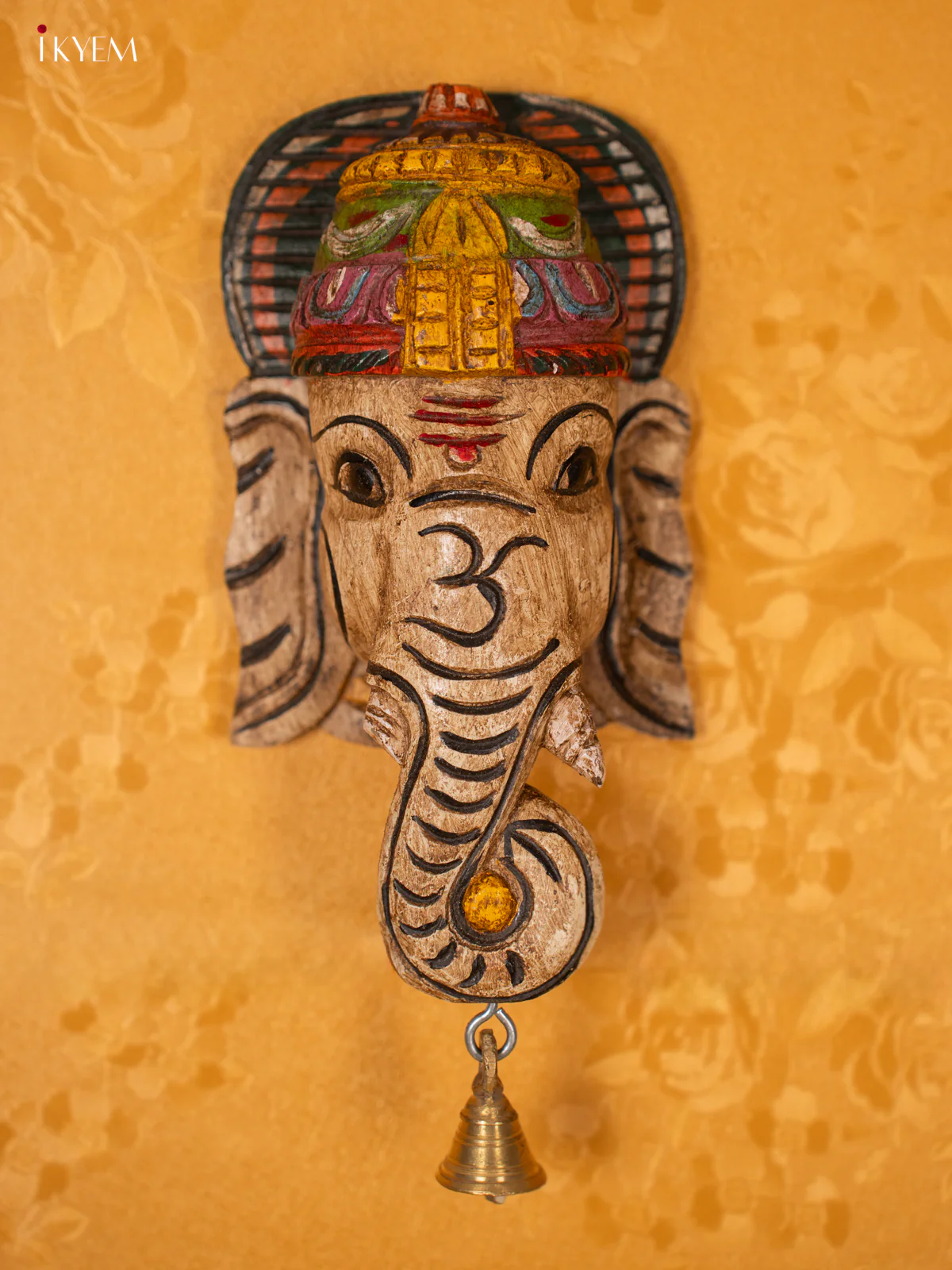 Wooden Ganesha Mask with Bell - White