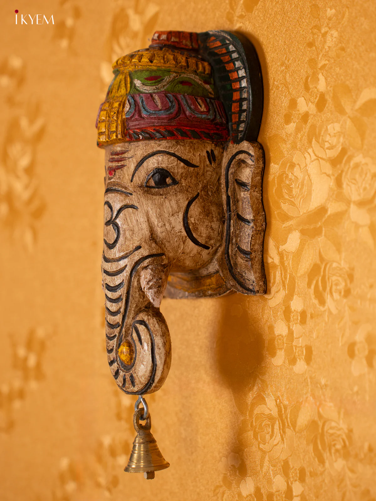 Wooden Ganesha Mask with Bell - White - Image 2