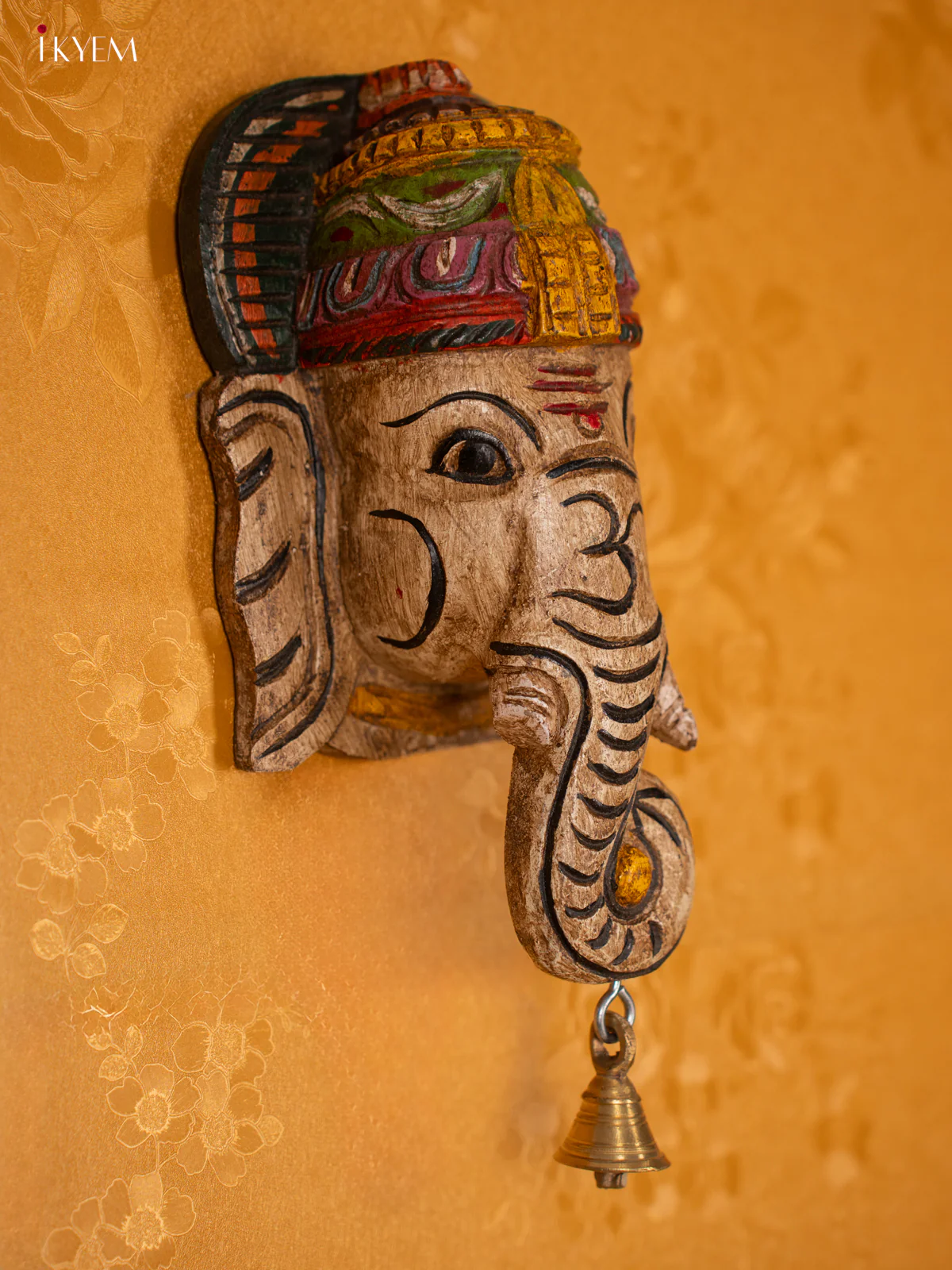 Wooden Ganesha Mask with Bell - White - Image 4