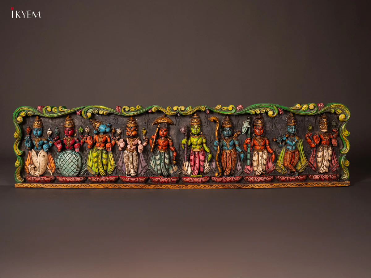 Wooden Hand Carved Painted Dasavatharam Panel - KG24129