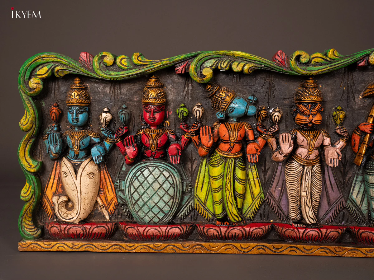 Wooden Hand Carved Painted Dasavatharam Panel - KG24129 - Image 3