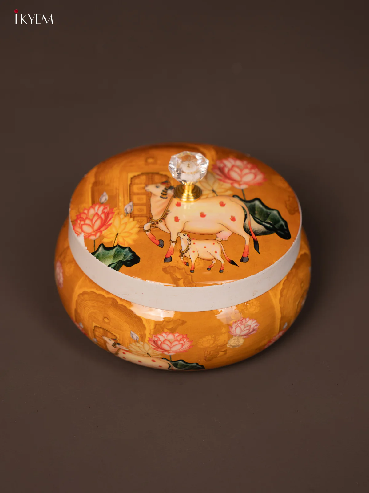 Cow & Calf Printed Mustard Round Dry Fruits Jar - KG25116