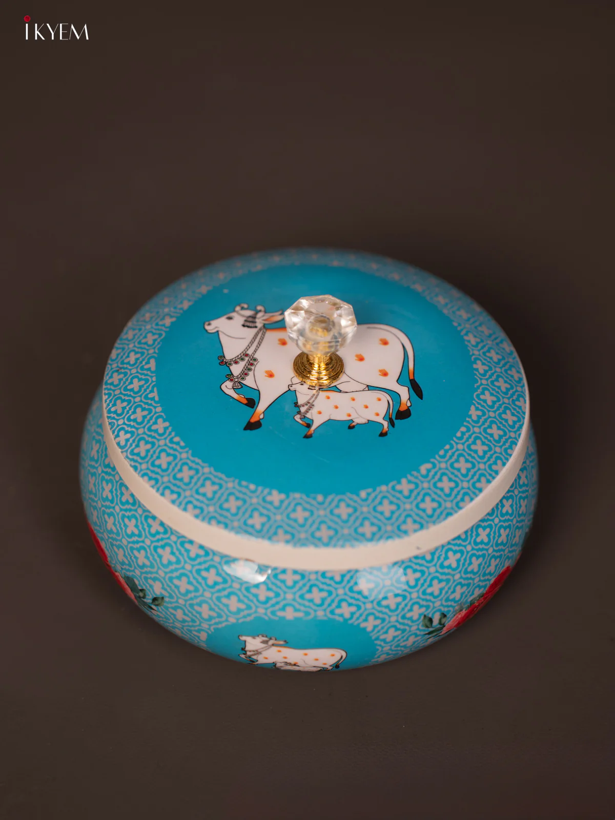 Cow & Calf Printed Sky Blue Round Dry Fruits Jar - KG25119