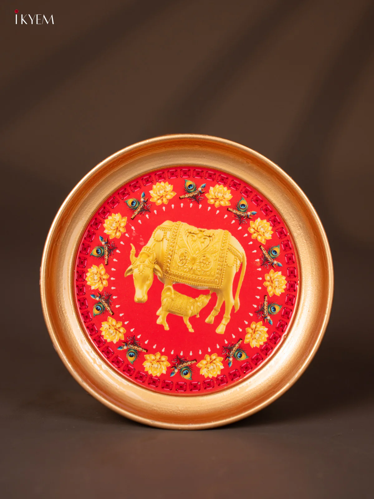 Cow & Calf with Floral Printed Red Brass Coated Plate - 6 Inches - KG25128