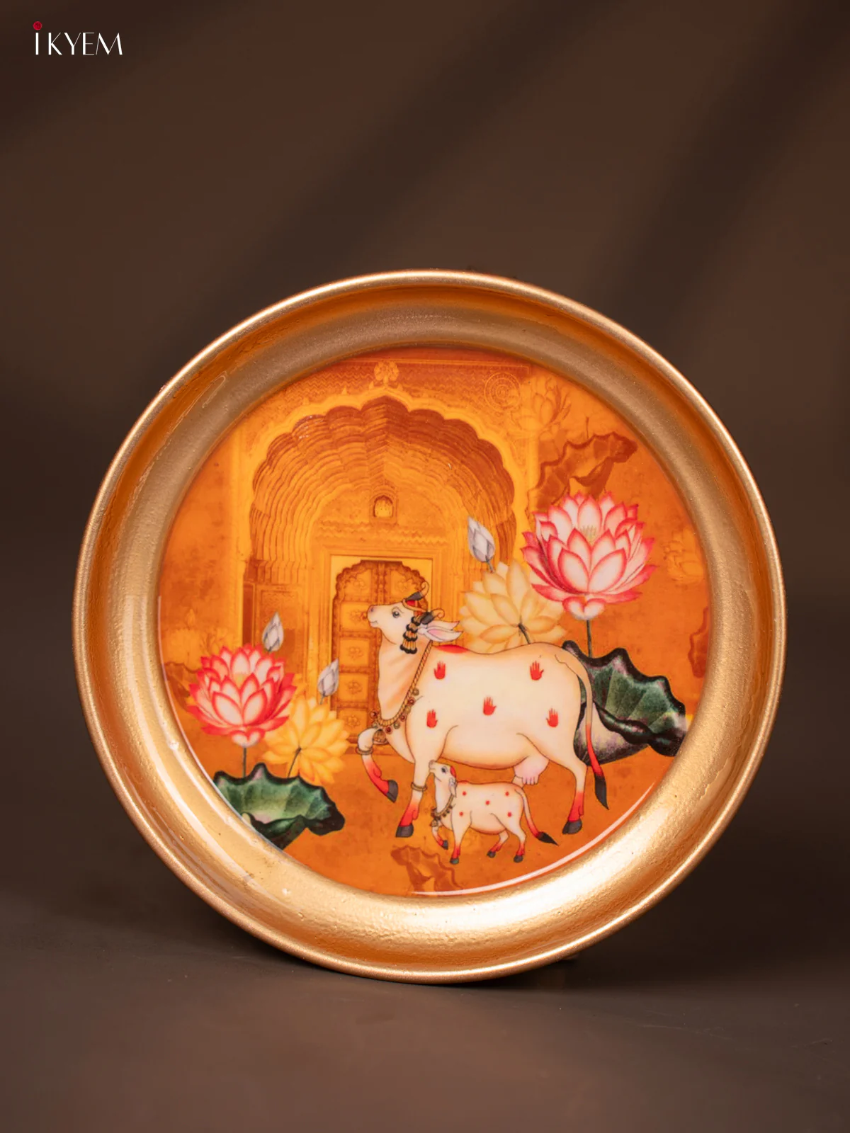 Cow & Calf Printed Yellow Brass Coated Plate - 6 Inches - KG25129