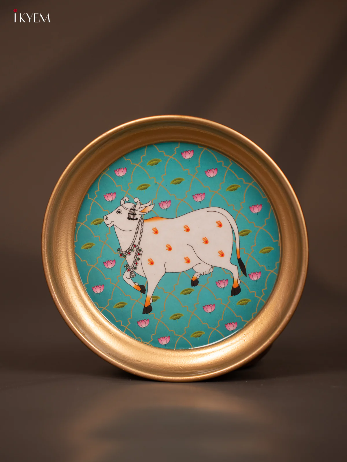 Cow & Lotus Printed Sky Blue Brass Coated Plate - 6 Inches - KG25146