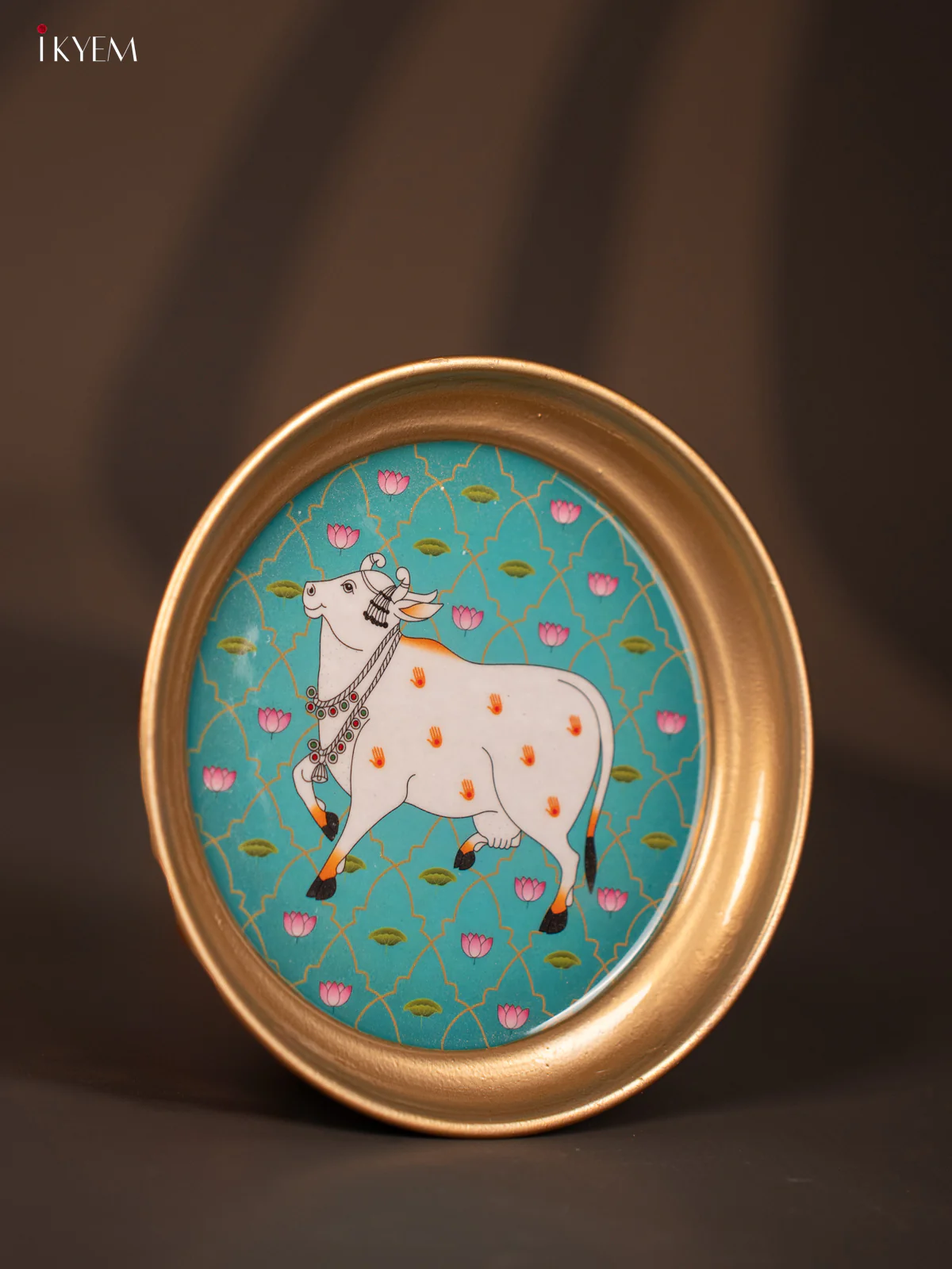 Cow & Lotus Printed Sky Blue Brass Coated Plate - 6 Inches - KG25146 - Image 3