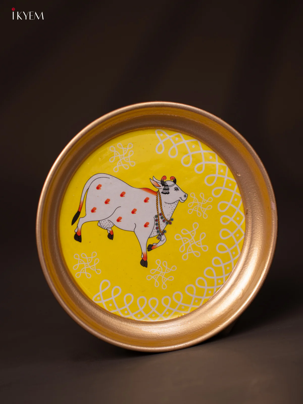 Cow & Kolam Printed Yellow Brass Coated Plate - 6 Inches - KG25150
