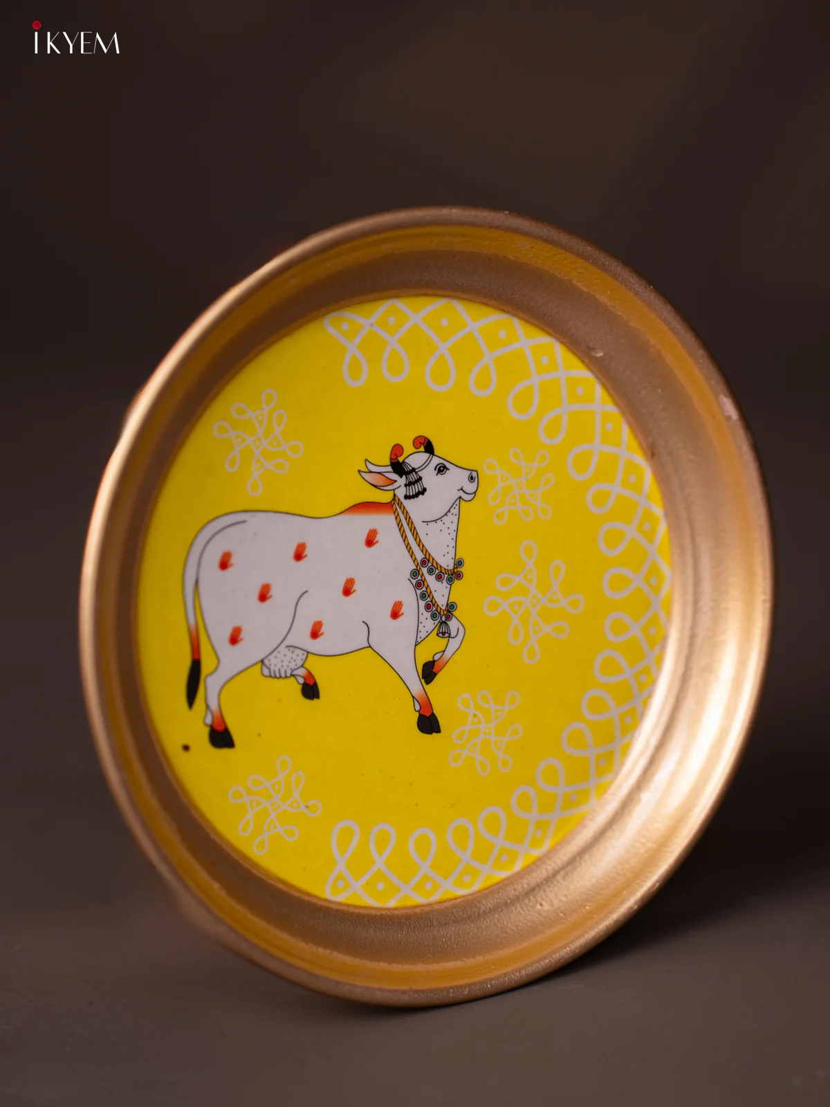 Cow & Kolam Printed Yellow Brass Coated Plate - 6 Inches - KG25150 - Image 2