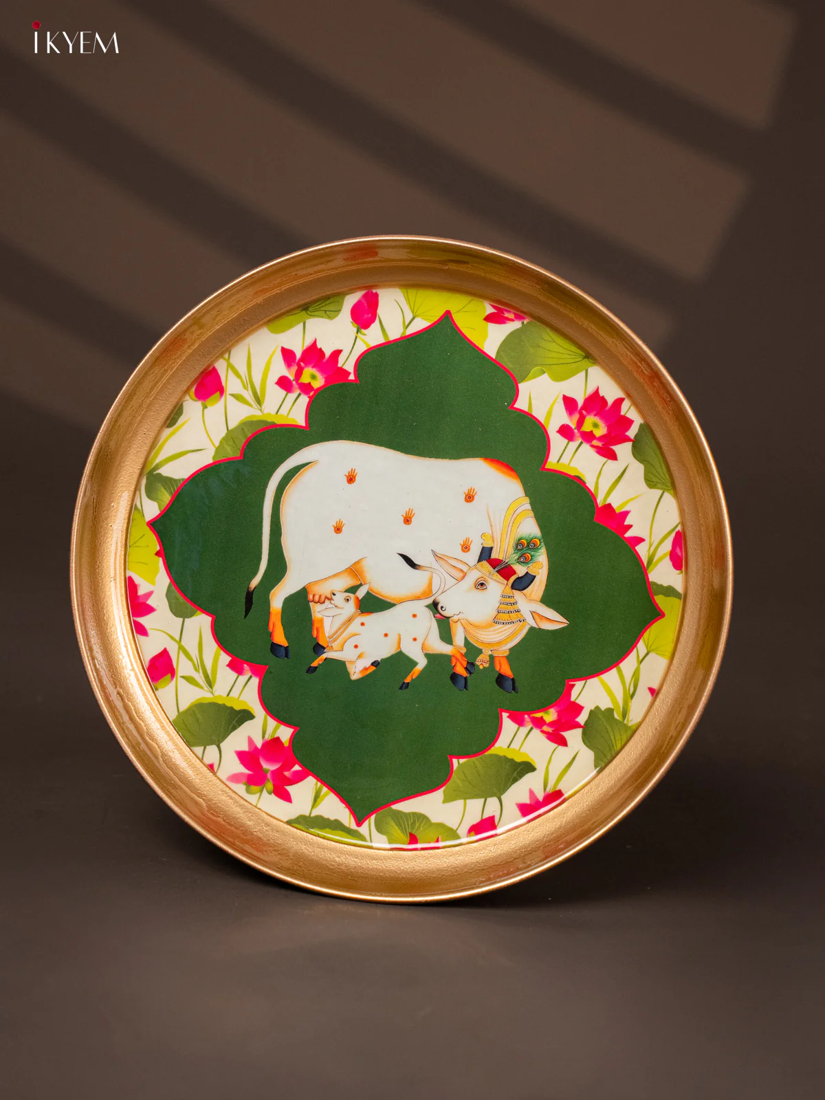 Cow & Calf Printed Green Brass Coated Plate - 8 inches - KG25156