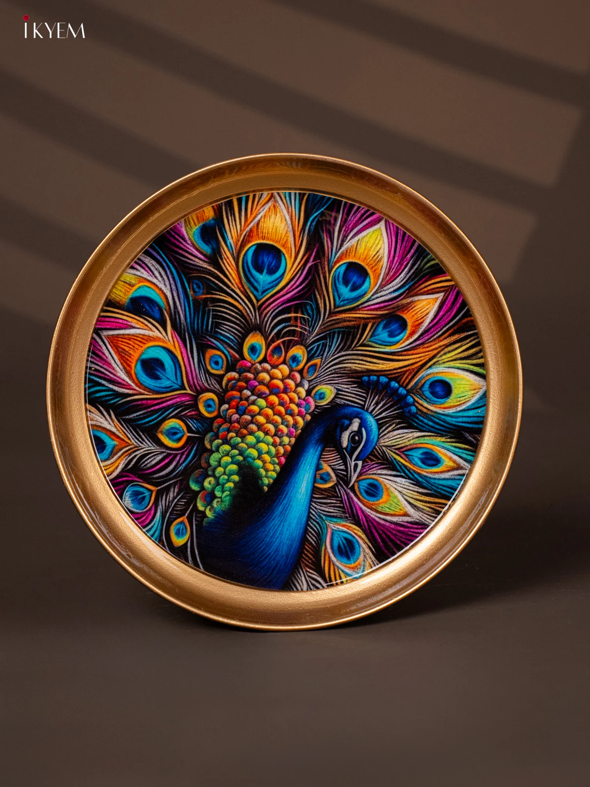Peacock Printed Blue Brass Coated Plate - 8 Inches - KG25160