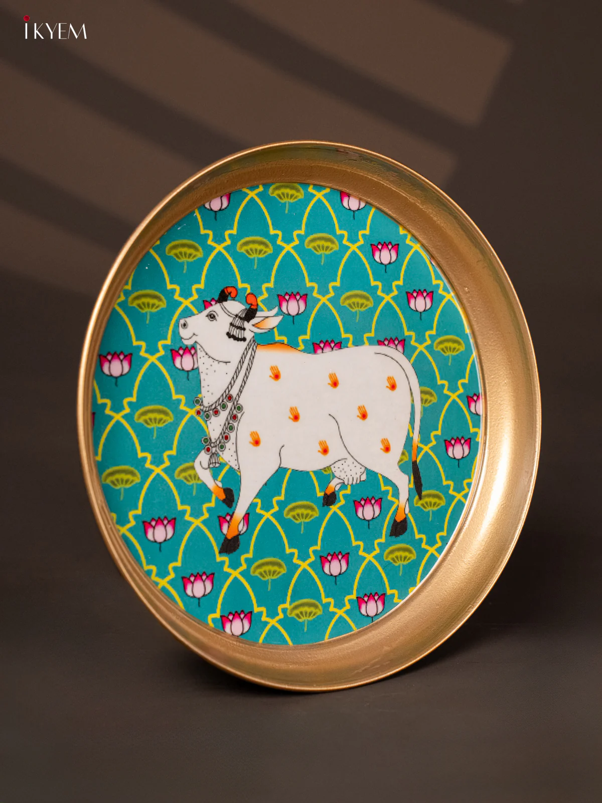 Cow  Printed Sky Blue Brass Coated Plate - 8 Inches - KG25166 - Image 2