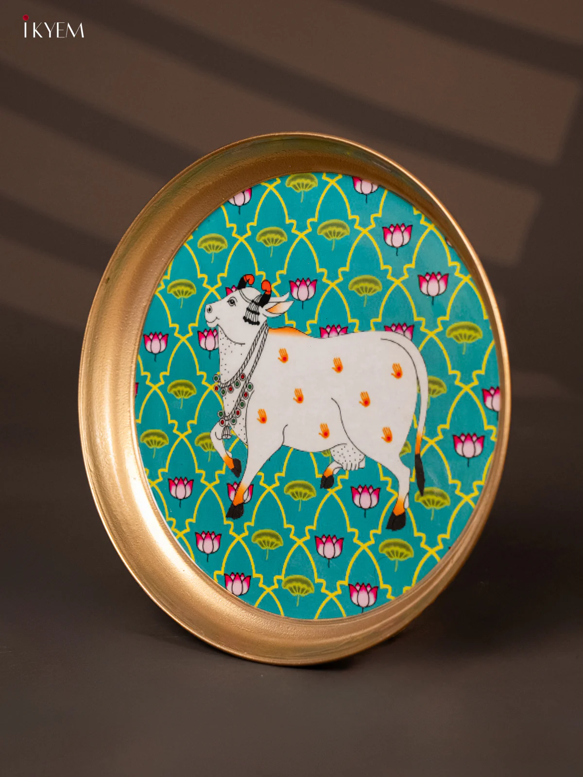 Cow  Printed Sky Blue Brass Coated Plate - 8 Inches - KG25166 - Image 3