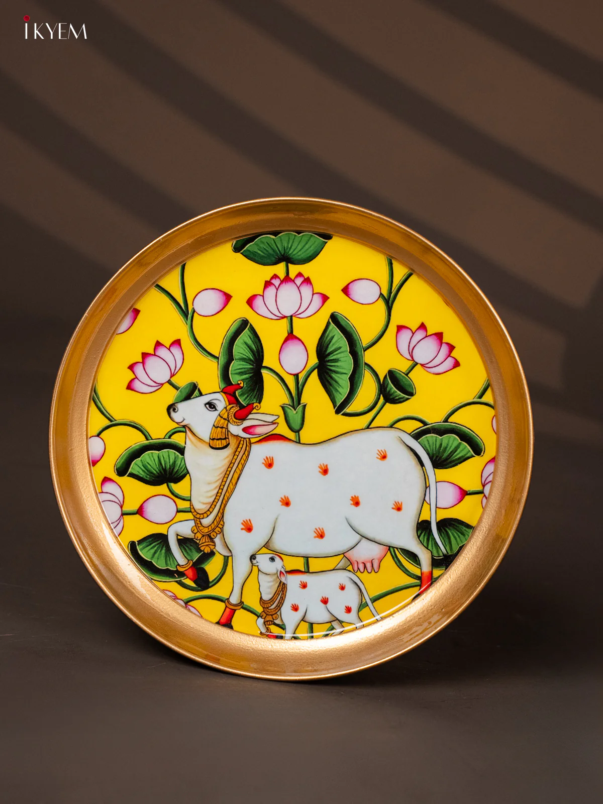 Cow & Calf with Lotus Printed Yellow Brass Coated Plate - 8 Inches - KG25167