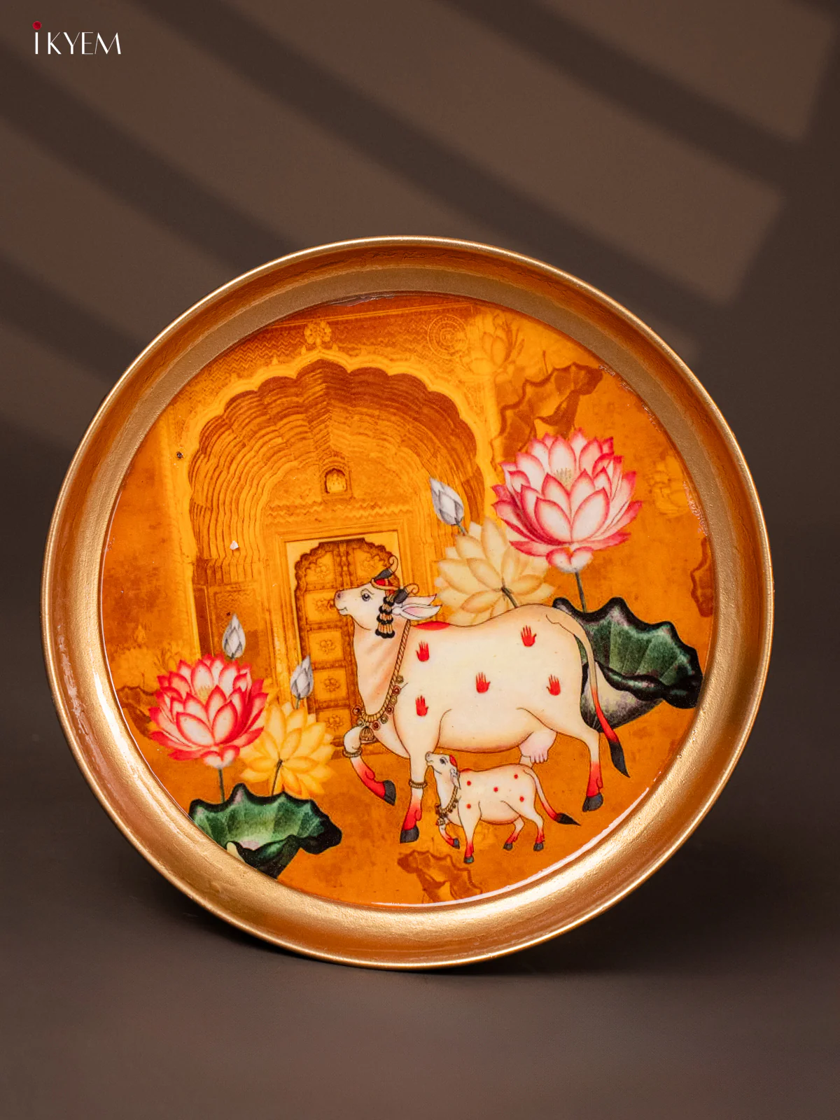 Cow & Calf Printed Yellow Brass Coated Plate - 8 inches - KG25169