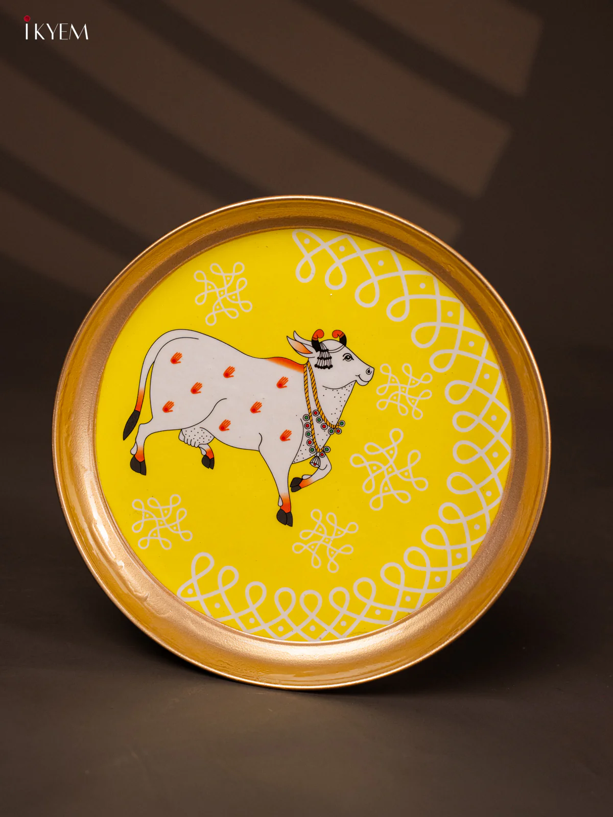 Cow & Kolam Printed Yellow Brass CoatedPlate - 8 Inches - KG25179