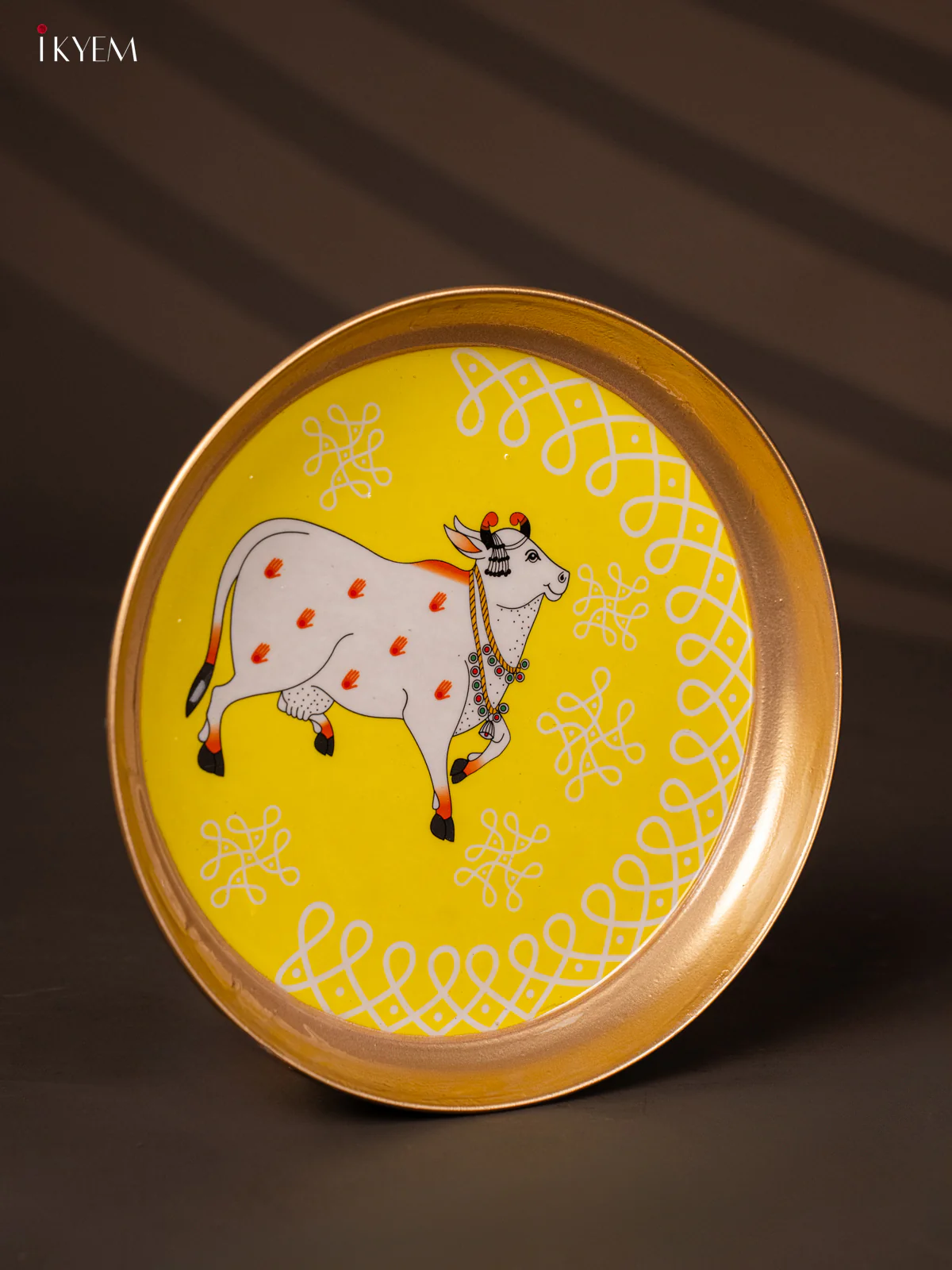 Cow & Kolam Printed Yellow Brass CoatedPlate - 8 Inches - KG25179 - Image 2