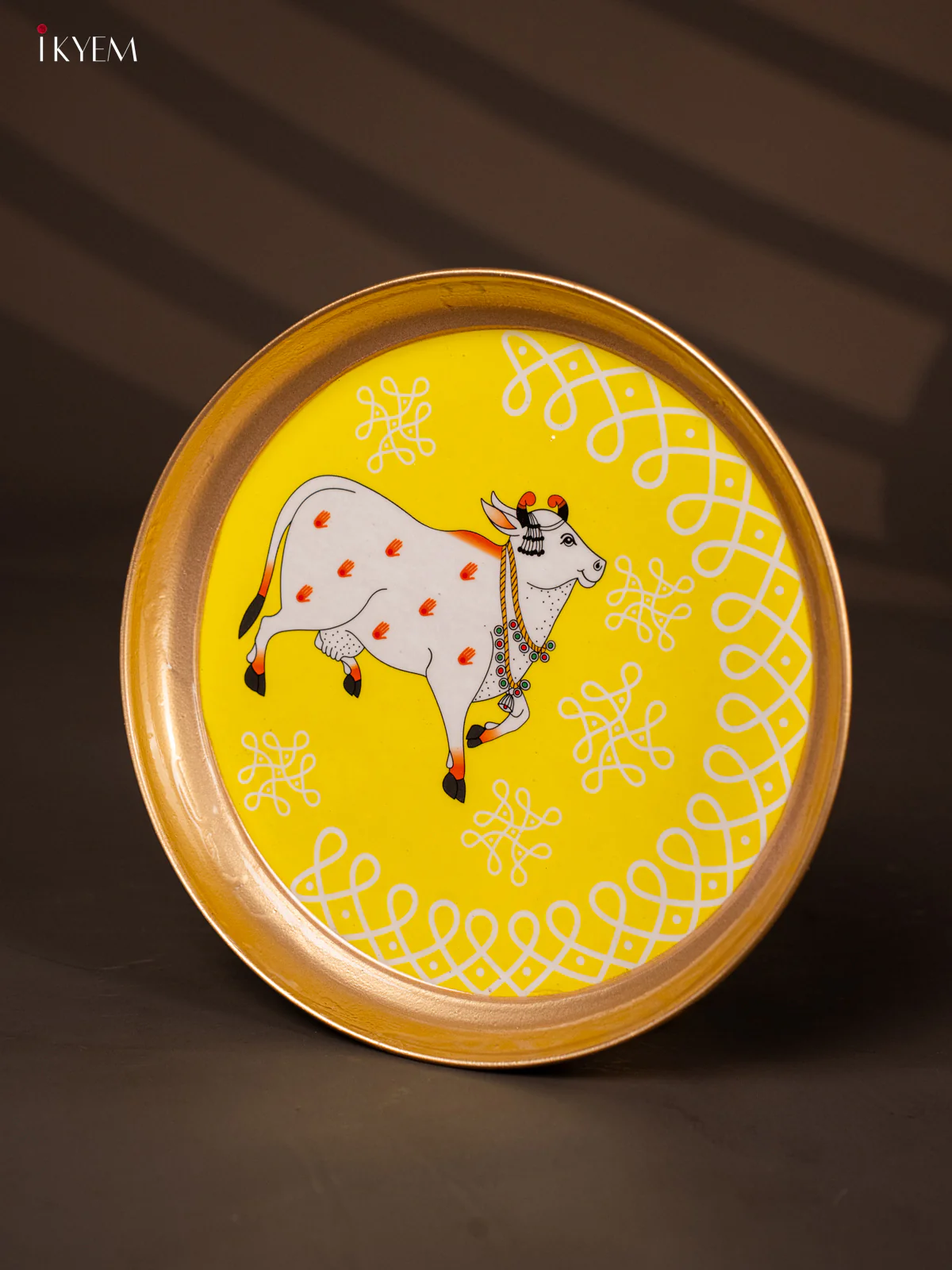 Cow & Kolam Printed Yellow Brass CoatedPlate - 8 Inches - KG25179 - Image 3